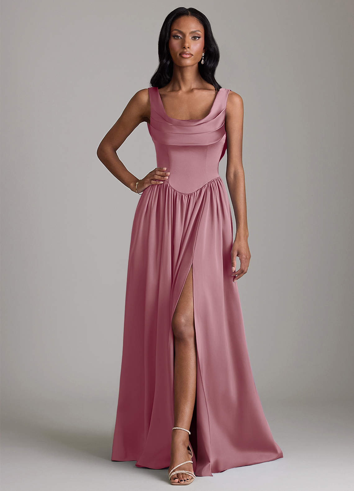 mauve a line dress Azazie Novi Vintage Mauve Stretch Satin Bridesmaid Dresses