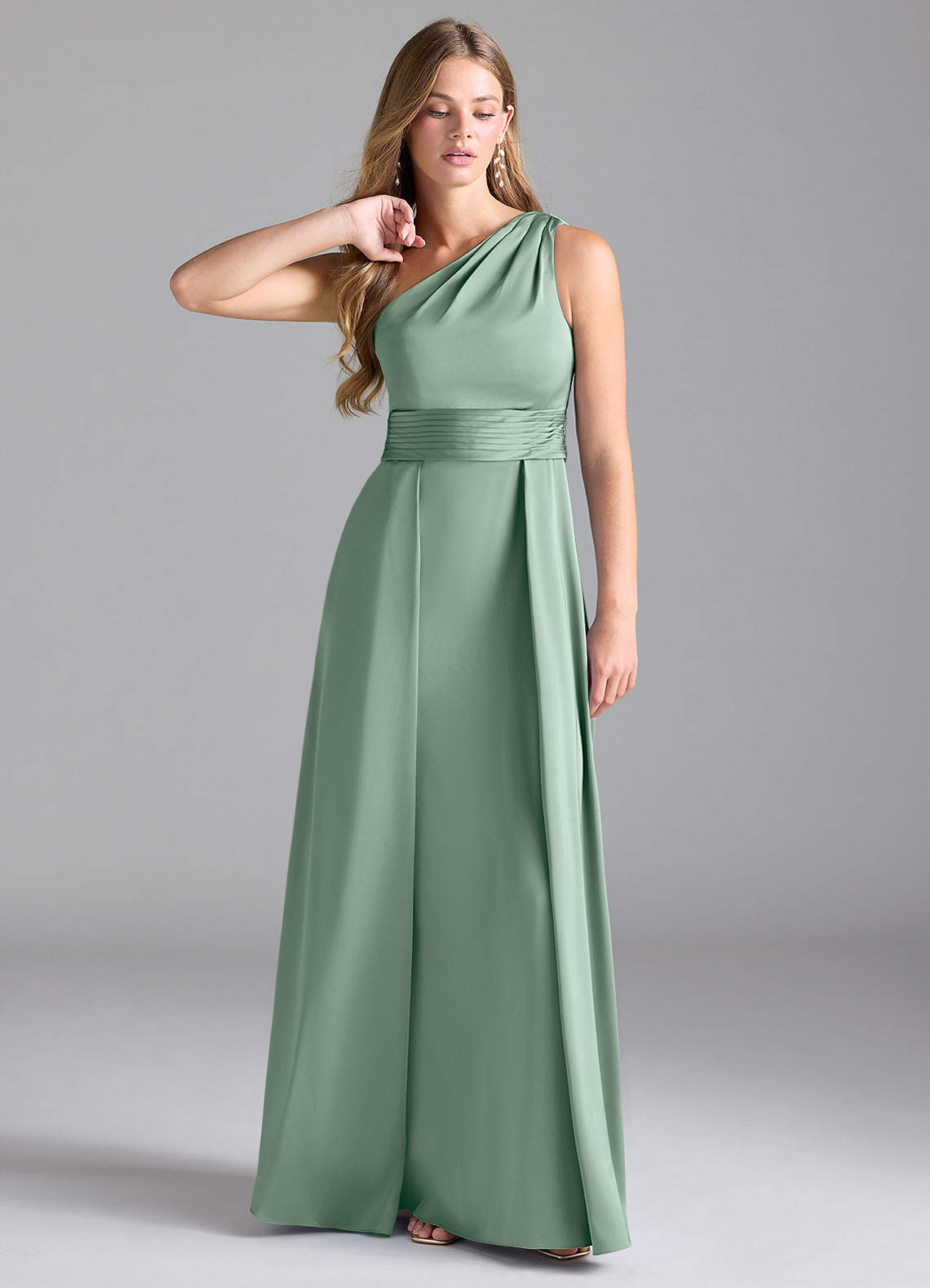Azazie Dallas Probar vestidos en casa Vestido de Agave de Satén Elástico de Corte en A con Hombro unilateral image1