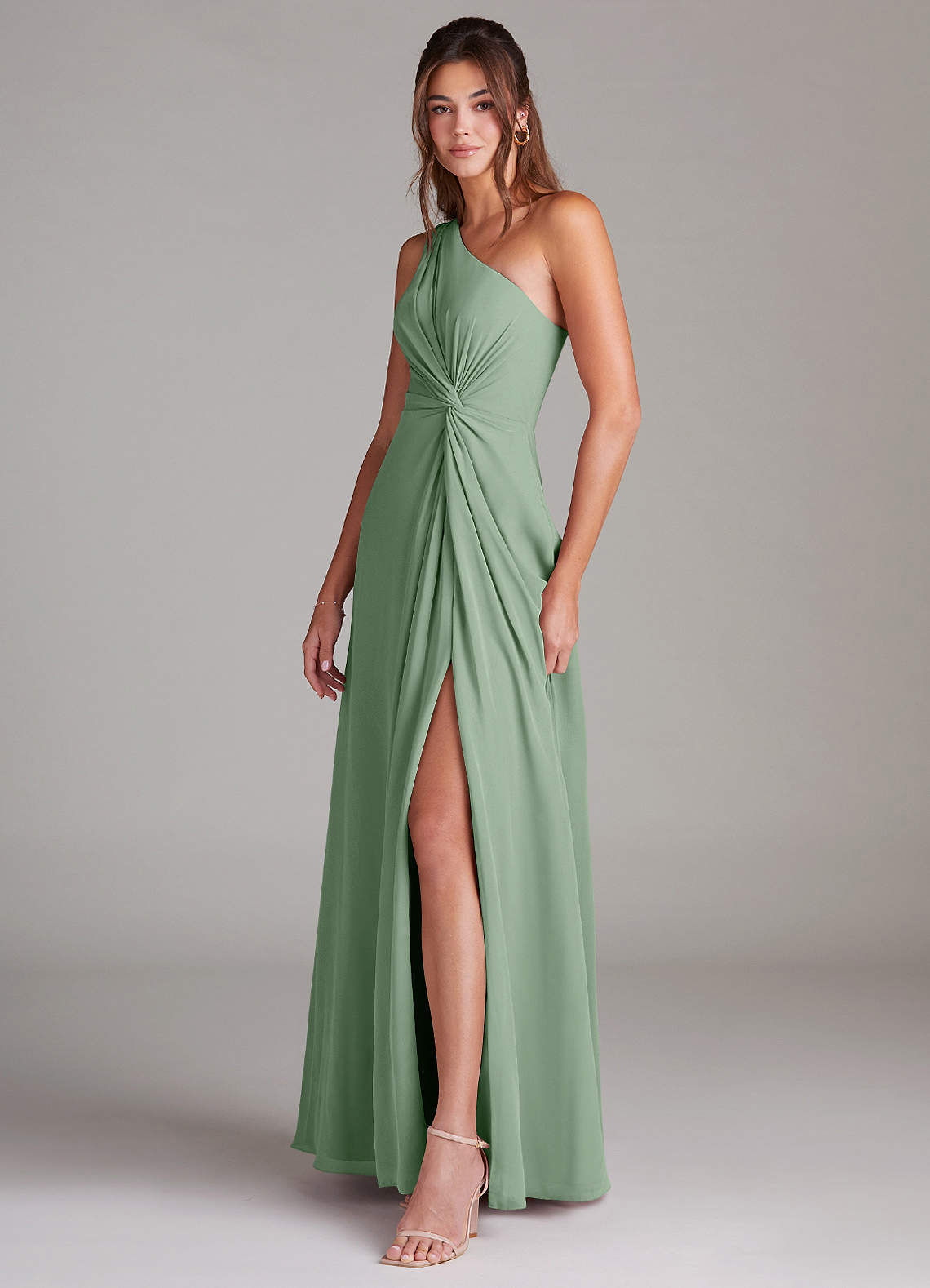 Azazie Brooke Bridesmaid Dresses Matcha A-Line One Shoulder Chiffon Dress image4