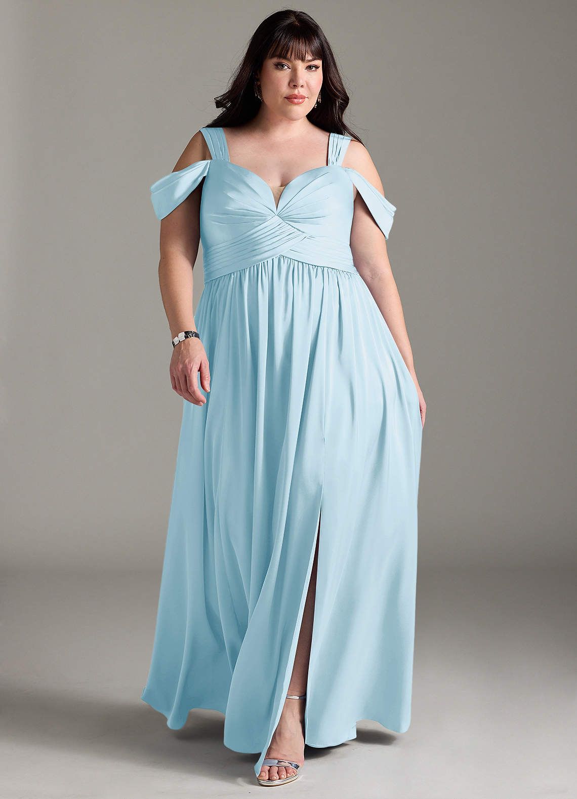 Azazie Lianne Bridesmaid Dresses Sky Blue A-Line Off the Shoulder Stretch Satin Dress image1