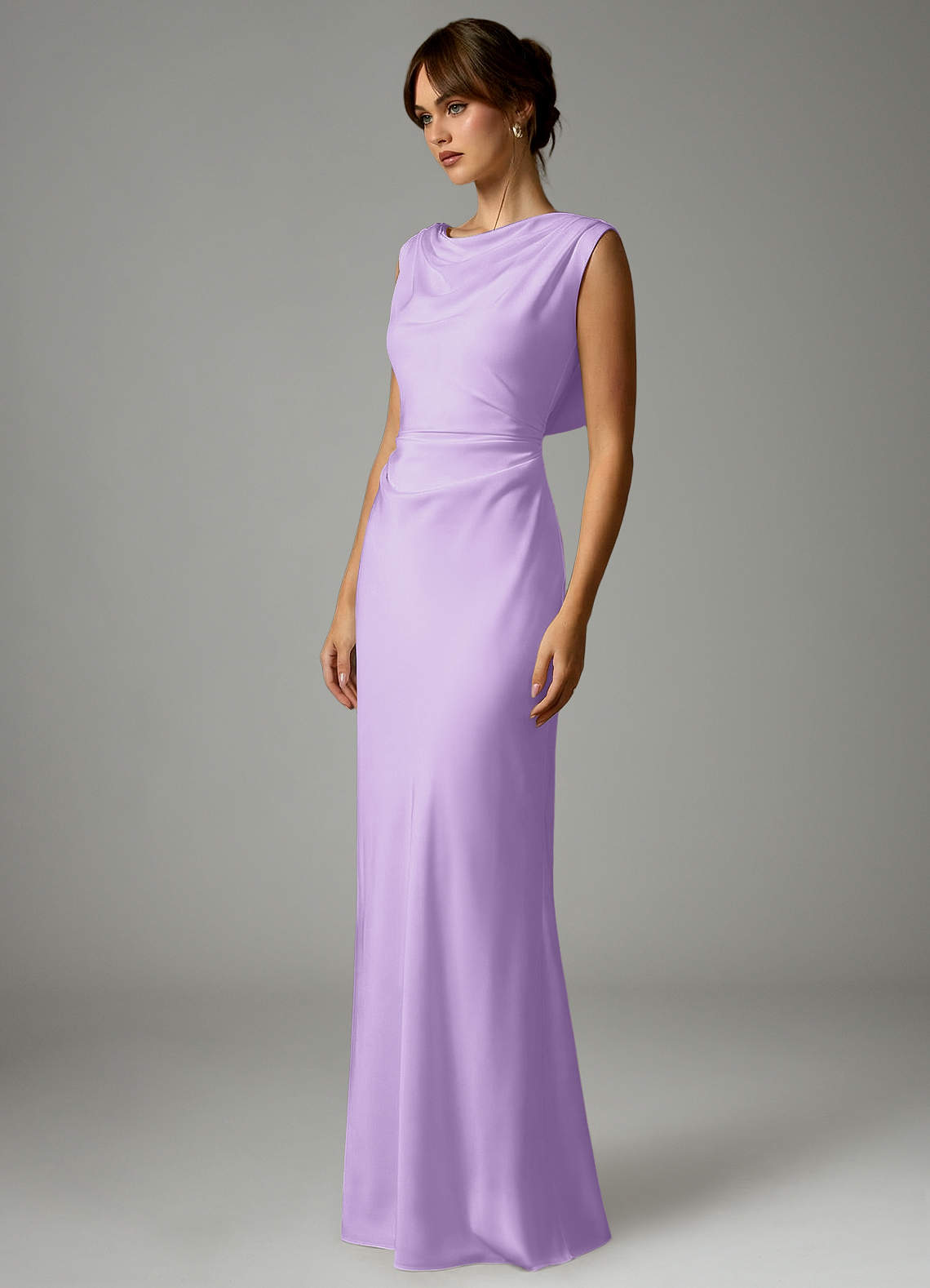 Azazie Kieryn Robes de demoiselle d'honneur Robe Sirène en Satin extensible Plissée Lilas image2