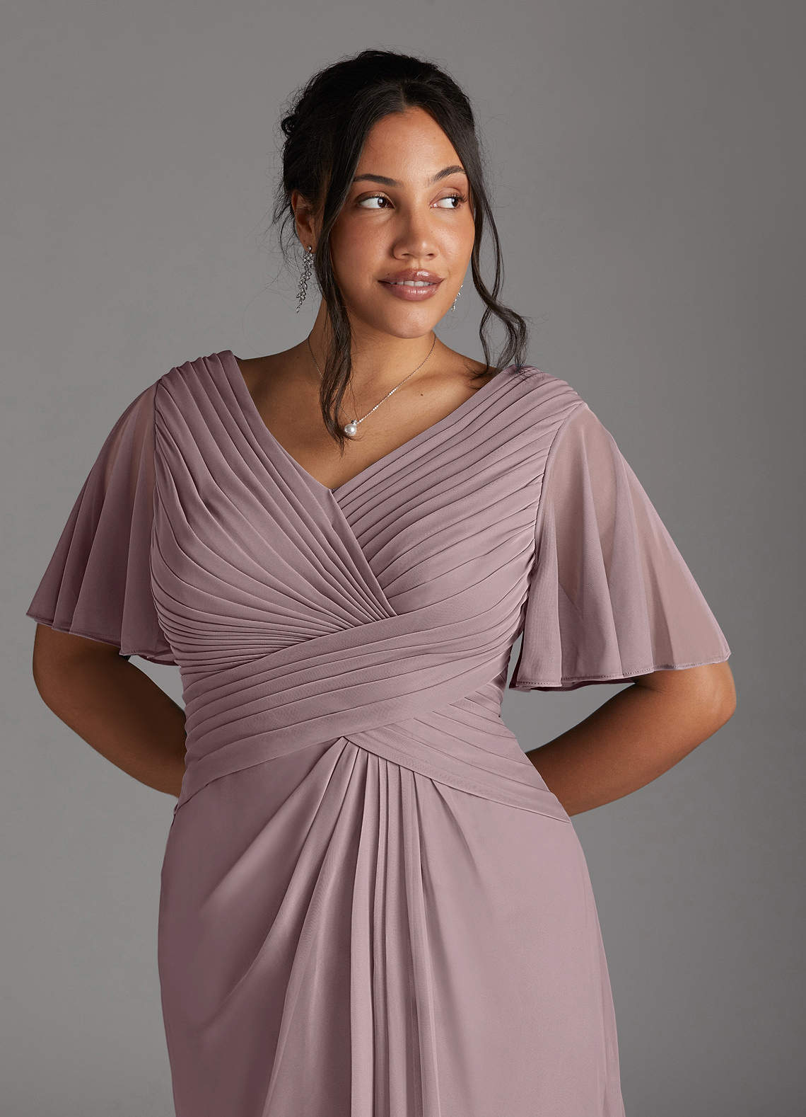 Azazie Emmeline Mother of the Bride Dresses Dusk A-Line V-Neck Pleated Mesh Dress image9