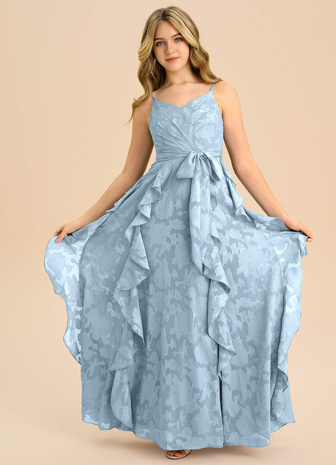 Azazie Peyton Junior Vestido de Azul Cielo de Devorado Floral de Corte en A con Plisado image2