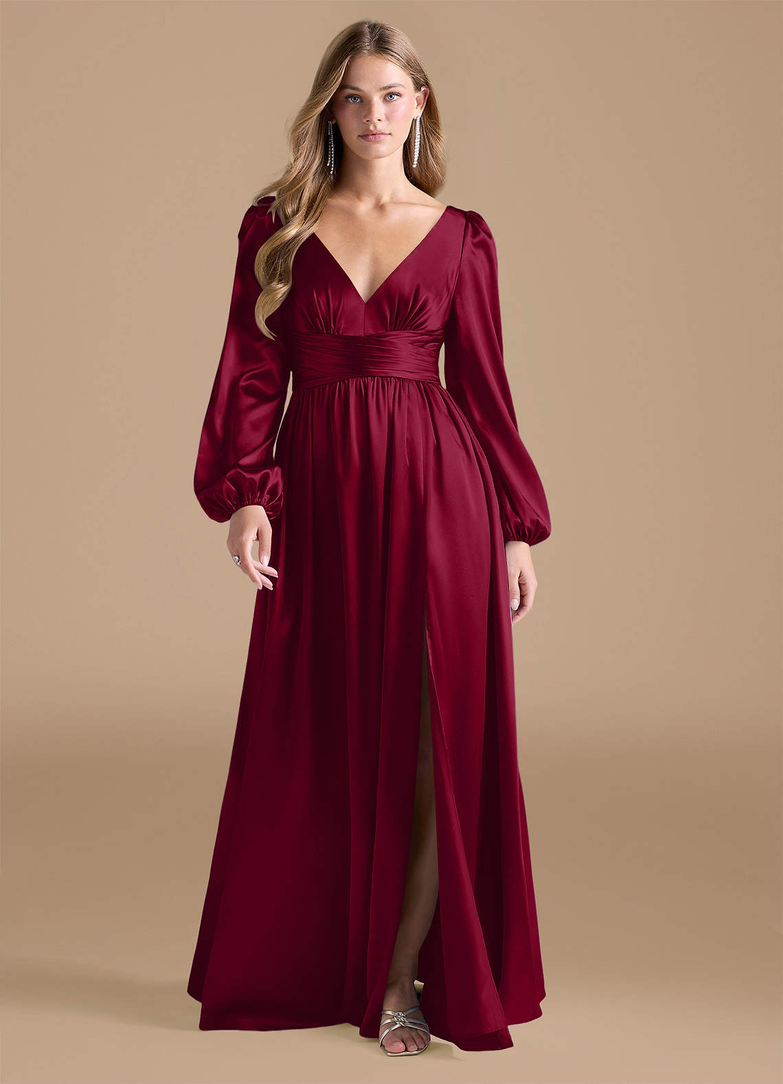 Azazie Norah Bridesmaid Dresses Burgundy A-Line Metallic Satin Dress image1