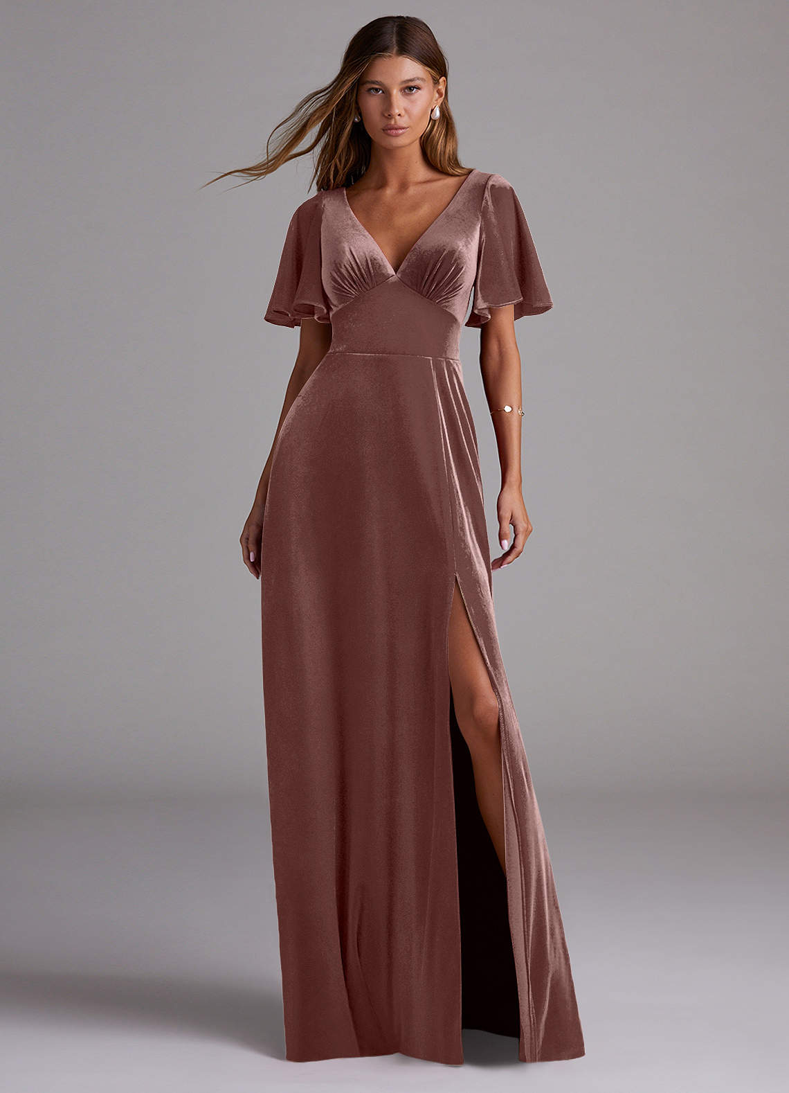 Azazie Kimber Bridesmaid Dresses Espresso A-Line with Pockets Velvet Dress image1
