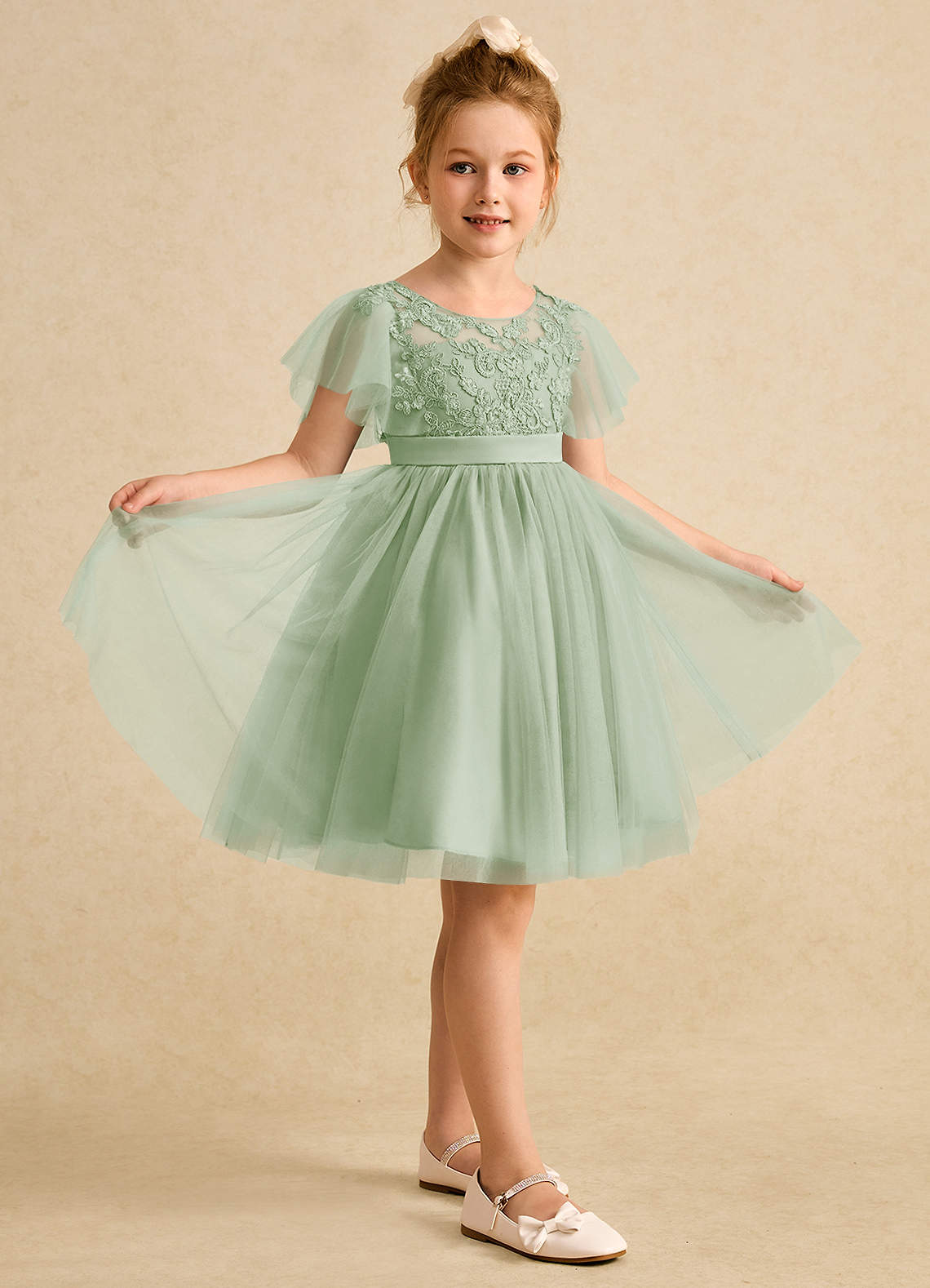 Azazie Queenie Flower Girl Dresses Dusty Sage A-Line Lace Dress image4