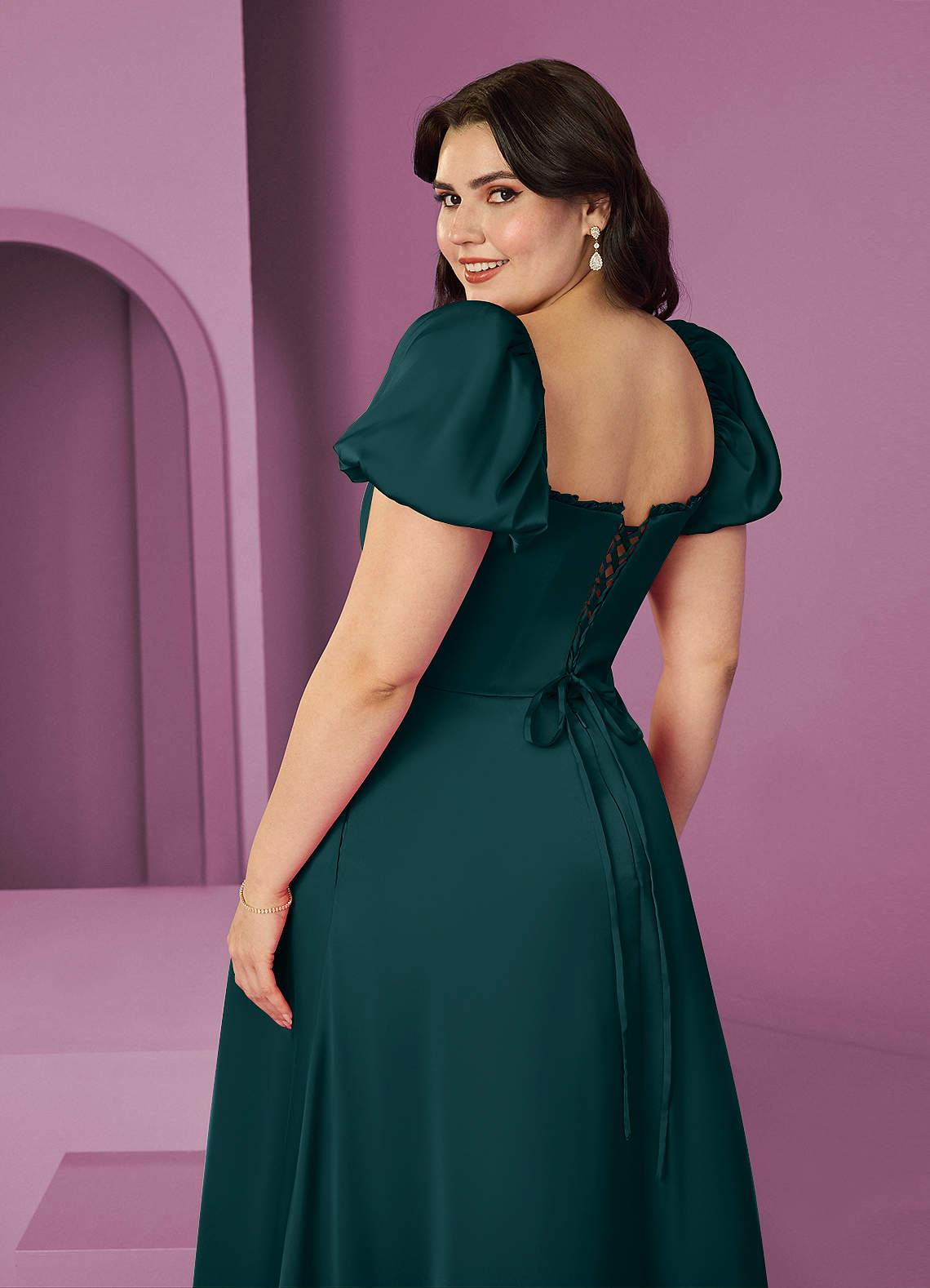 Barbie ♥ Azazie Robes de demoiselle d'honneur Robe Trapèze en Satin extensible Rayé Vert Pin image7