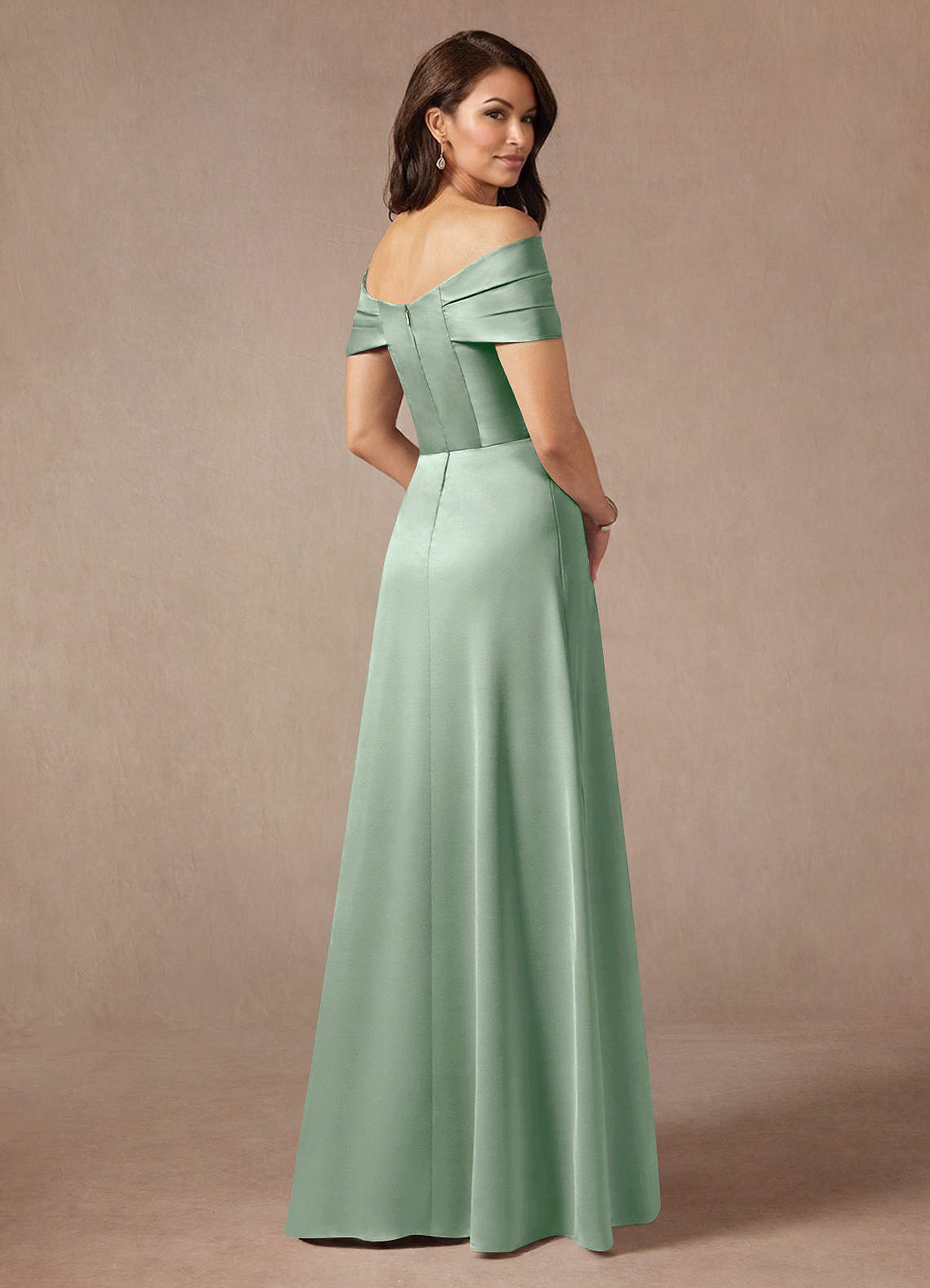 Azazie Amelia Mother of the Bride Dresses Agave A-Line Off the Shoulder Stretch Satin Dress image1