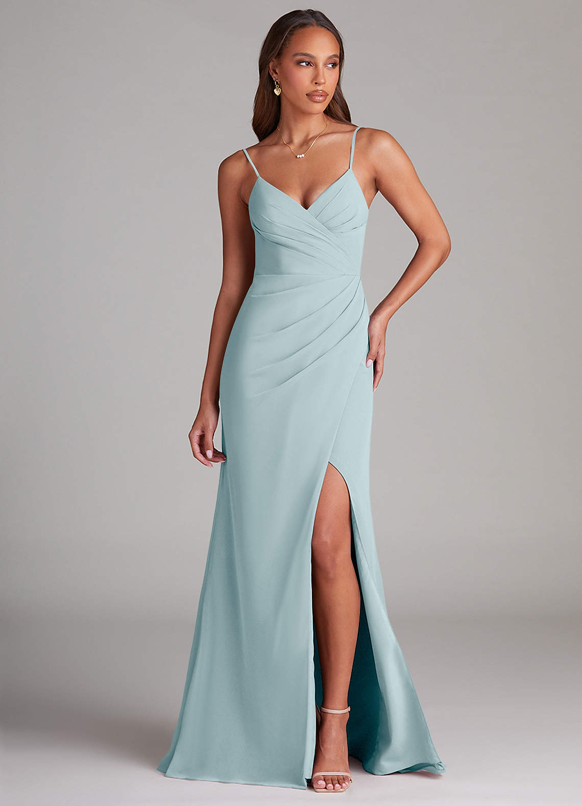 Azazie Maci Brautjungfernkleider Etui Plissee Chiffon Kleid Seegrün image1
