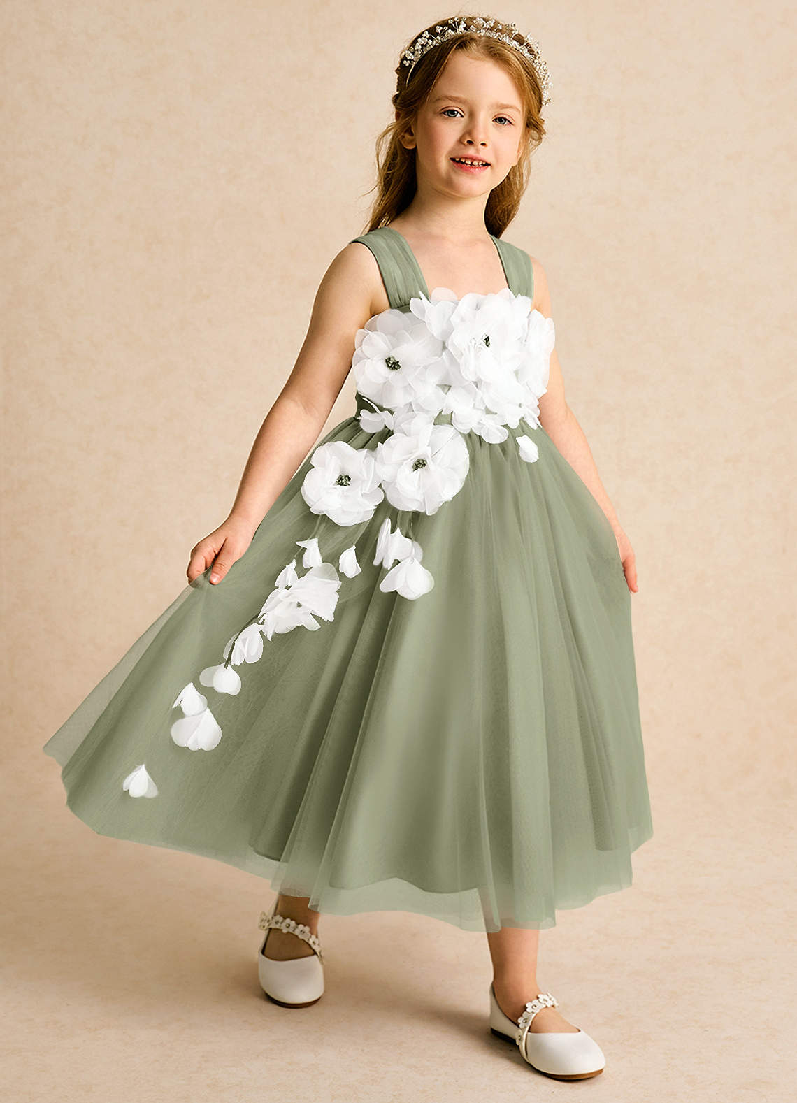 Dusty Sage Satin Dress Pale Green Flower Girl Dresses Azazie Dovey  Pistachio Ball-Gown Bow Tulle