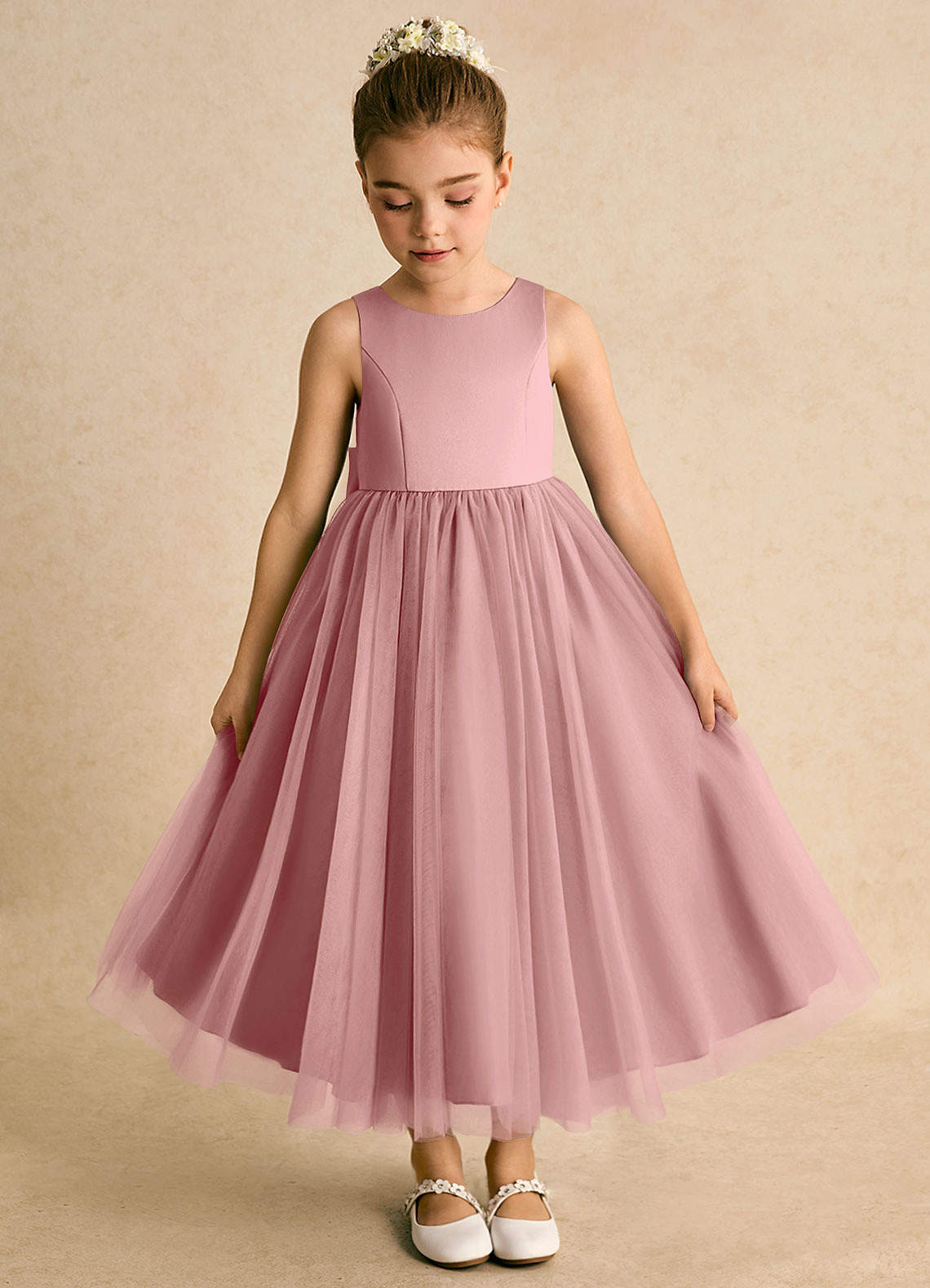 Azazie Solia Flower Girl Dresses Dusty Rose Ball-Gown Bow Tulle Dress image5