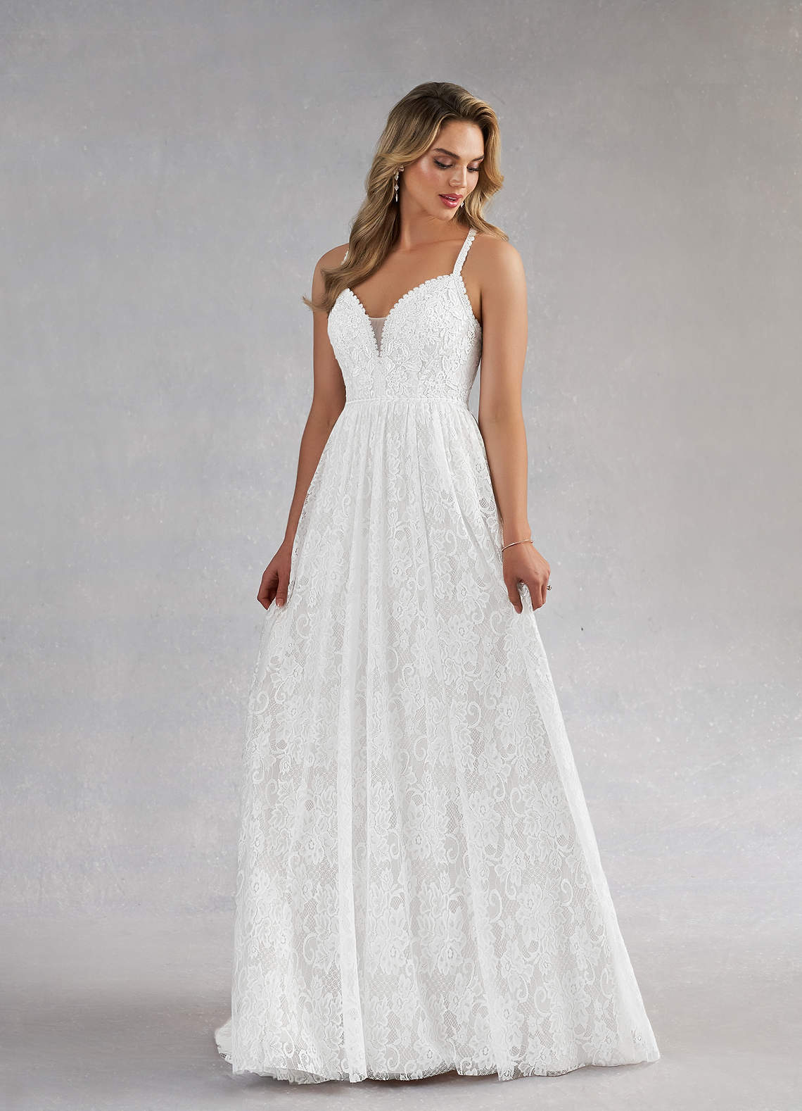 Azazie August Wedding Dresses Diamond White A-Line Lace Dress image1