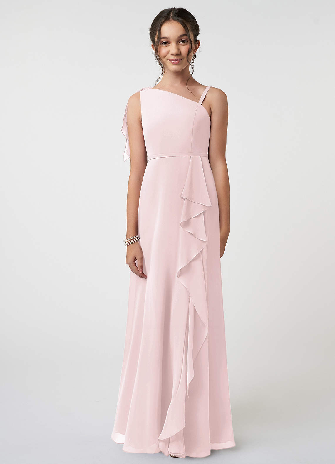 Azazie Aidy Junior Blushing Pink A-Line Bow Chiffon Dress image1