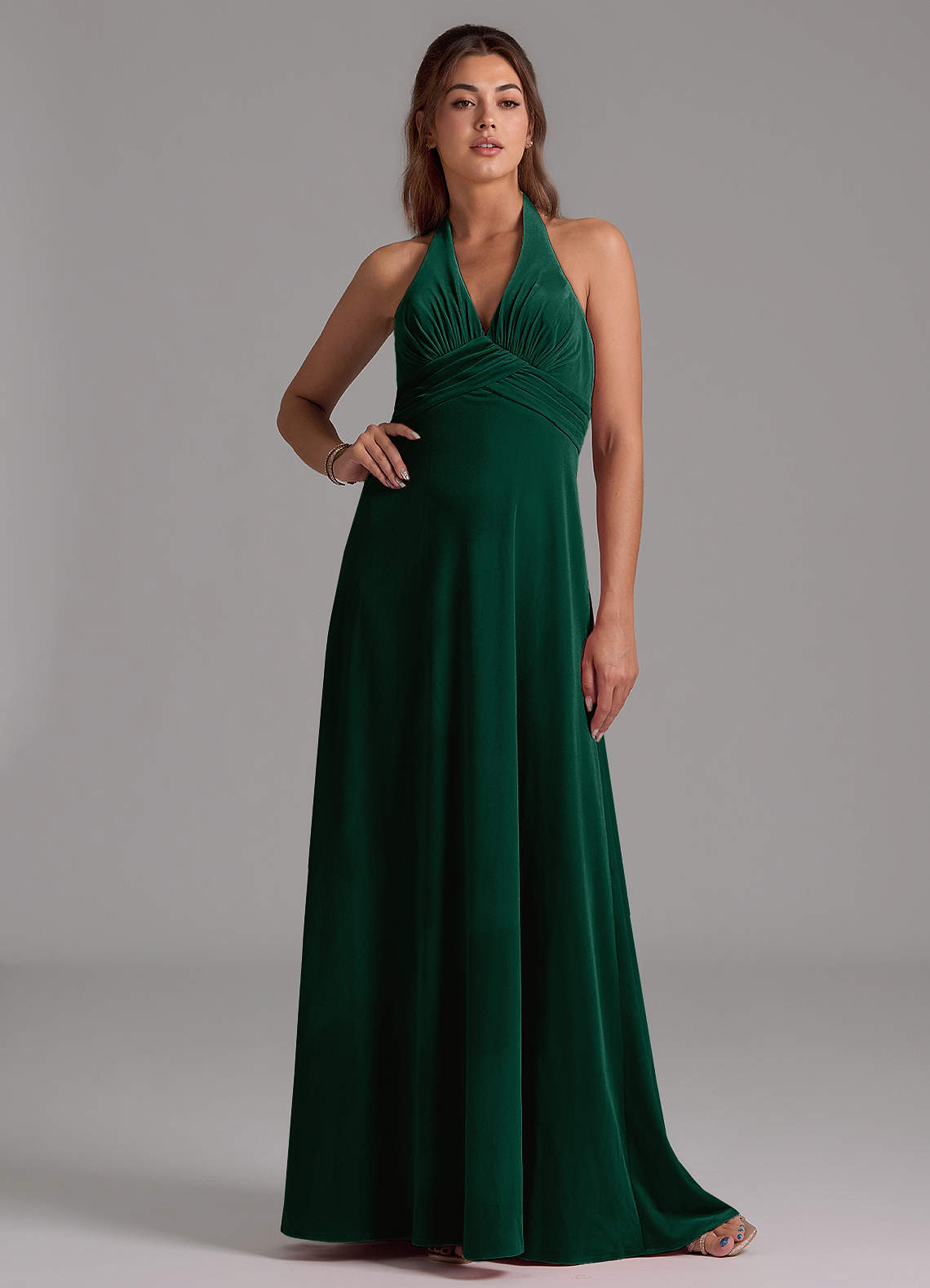 Azazie Tessie Bridesmaid Dresses Emerald A-Line Pleated Velvet Dress image1
