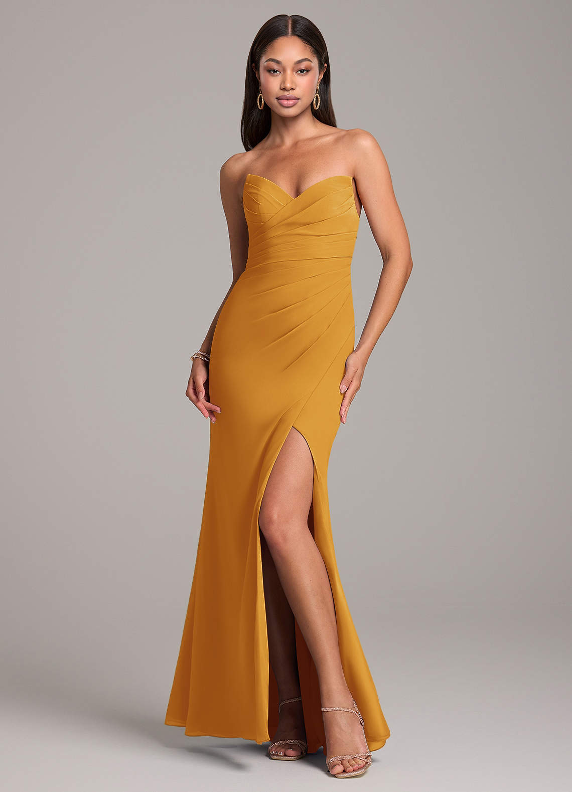 Azazie Yola Bridesmaid Dresses Butterscotch Sheath Pleated Chiffon Convertible Dress image1