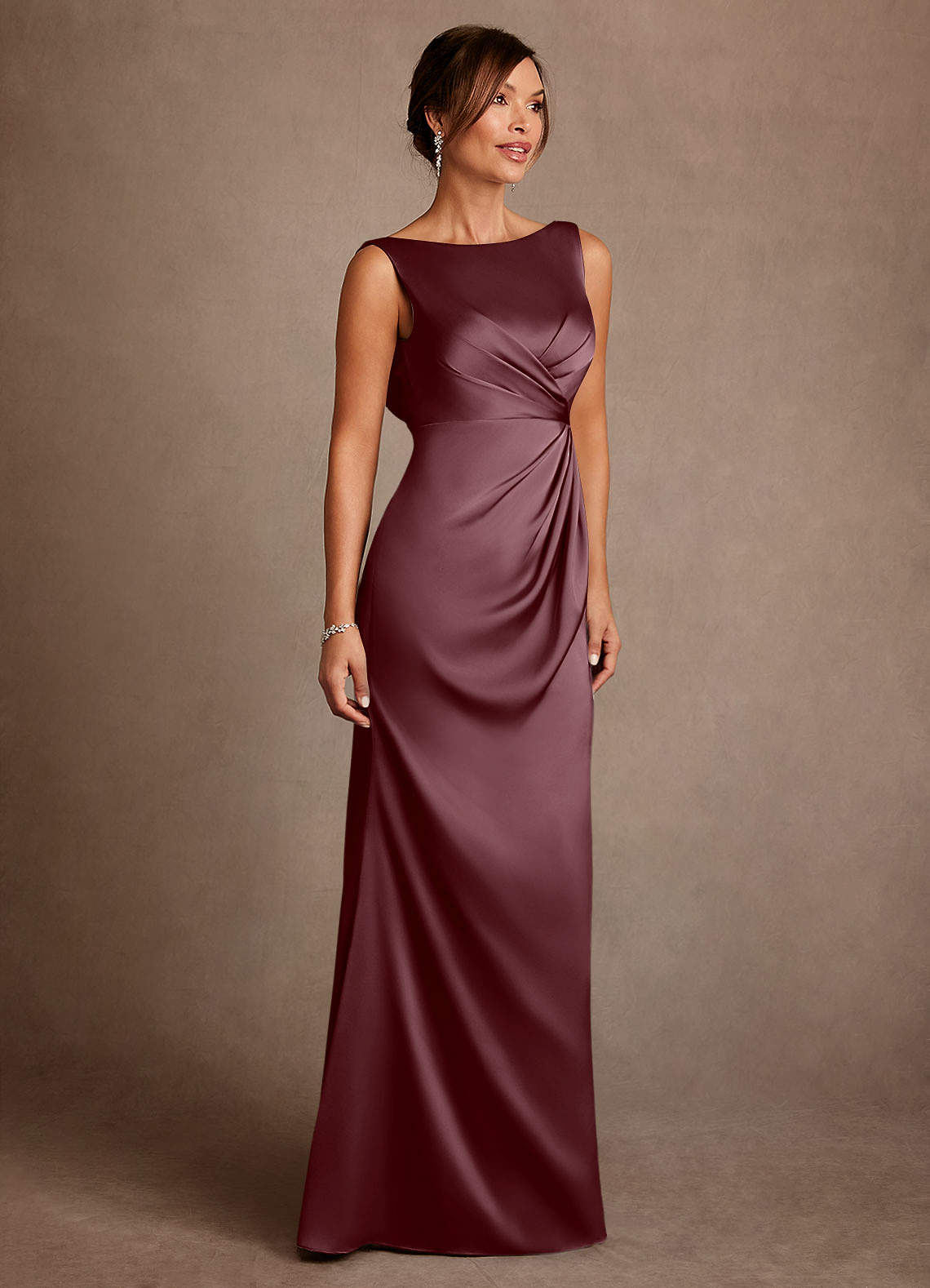 Azazie Baltimore Mother of the Bride Dresses Sangria A-Line Pleated Stretch Satin Dress image3