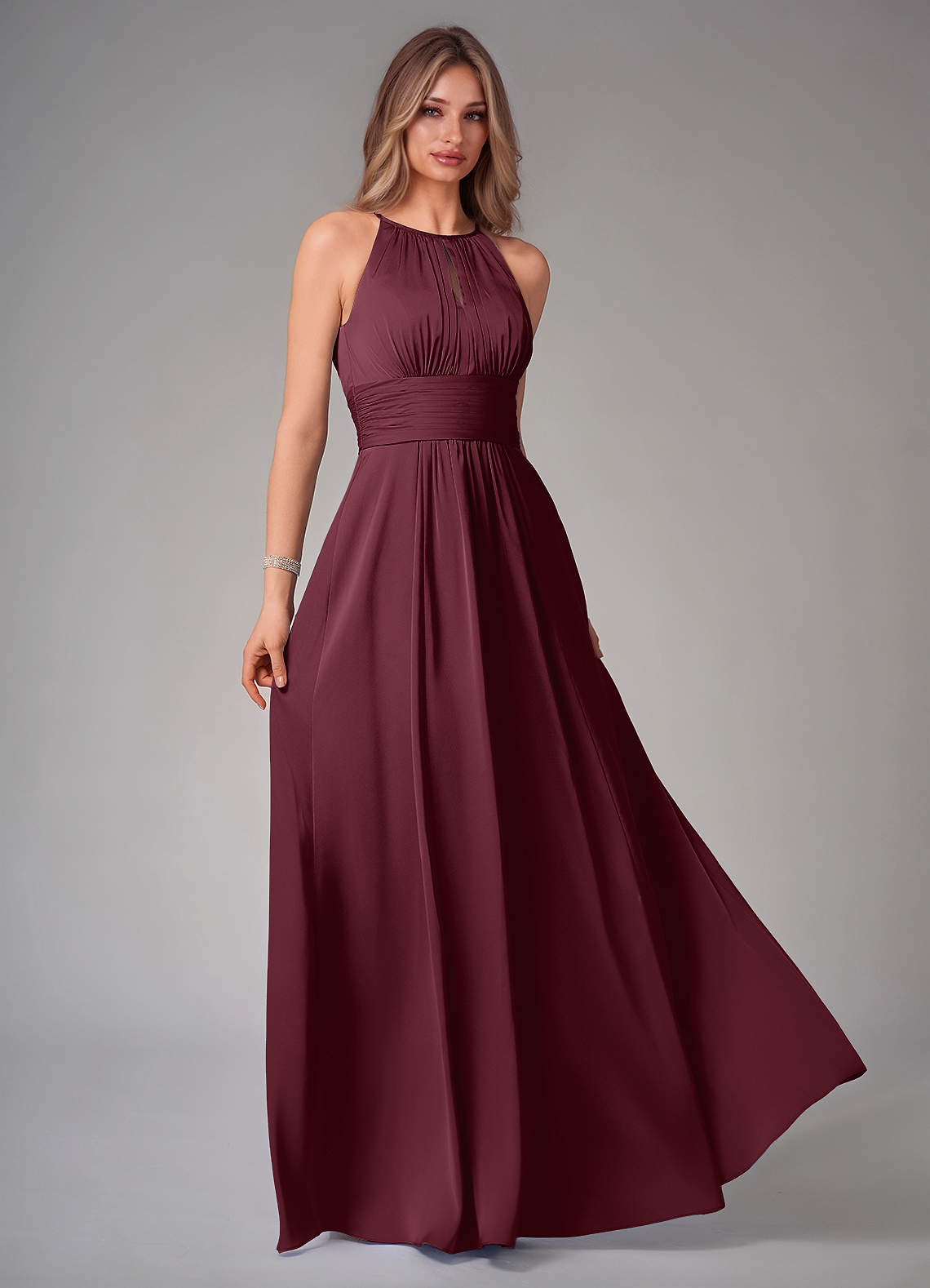 Azazie Bonnie Bridesmaid Dresses Cabernet A-Line Pleated Stretch Satin Dress image1