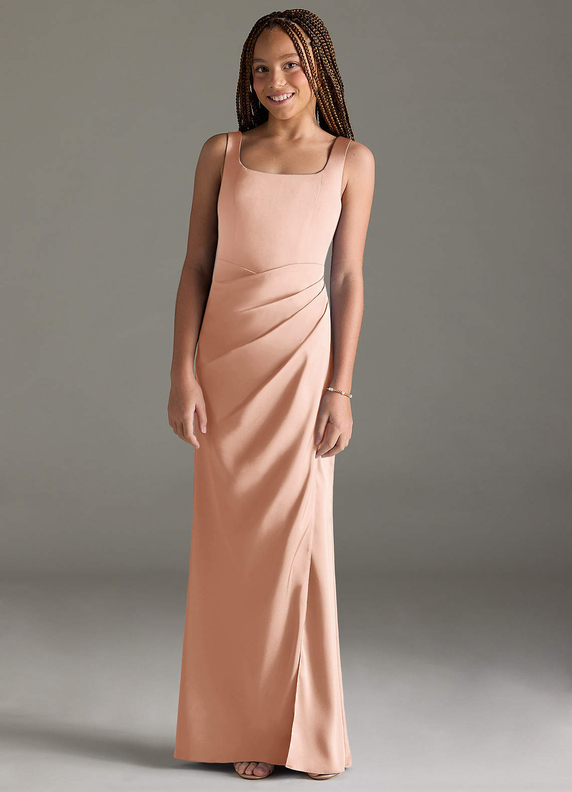 Azazie Mero Junior Rose Gold Mermaid Pleated Stretch Satin Dress image1
