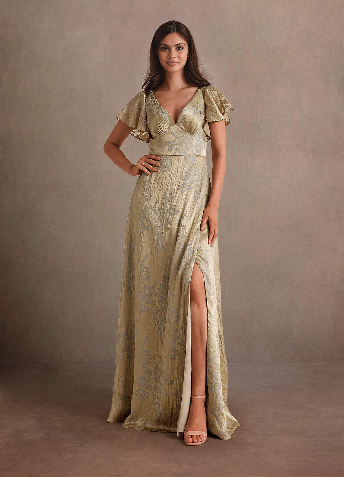 Metallic Knit Bronze Maxi Dress AZAZIE KIMBER Eucalyptus A-Line Ruched  Metallic Satin Dress Size 20