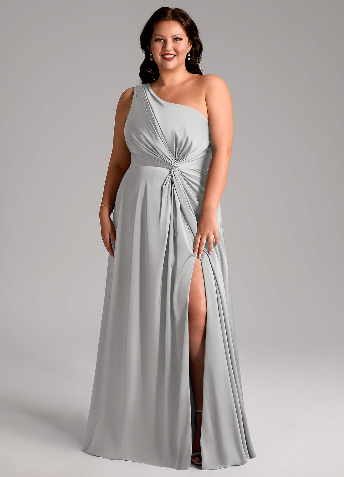 Azazie Brooke Bridesmaid Dresses Silver A-Line One Shoulder Stretch Satin Dress image1