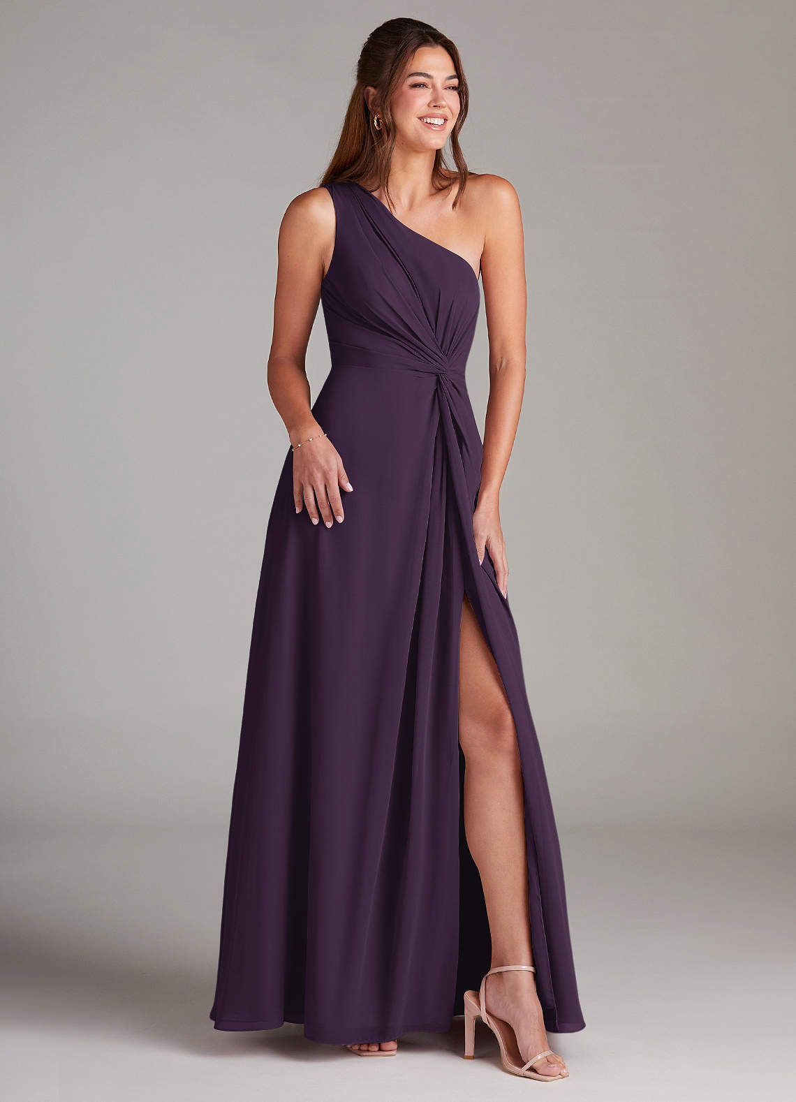 Azazie Brooke Bridesmaid Dresses Plum A-Line One Shoulder Chiffon Dress image3