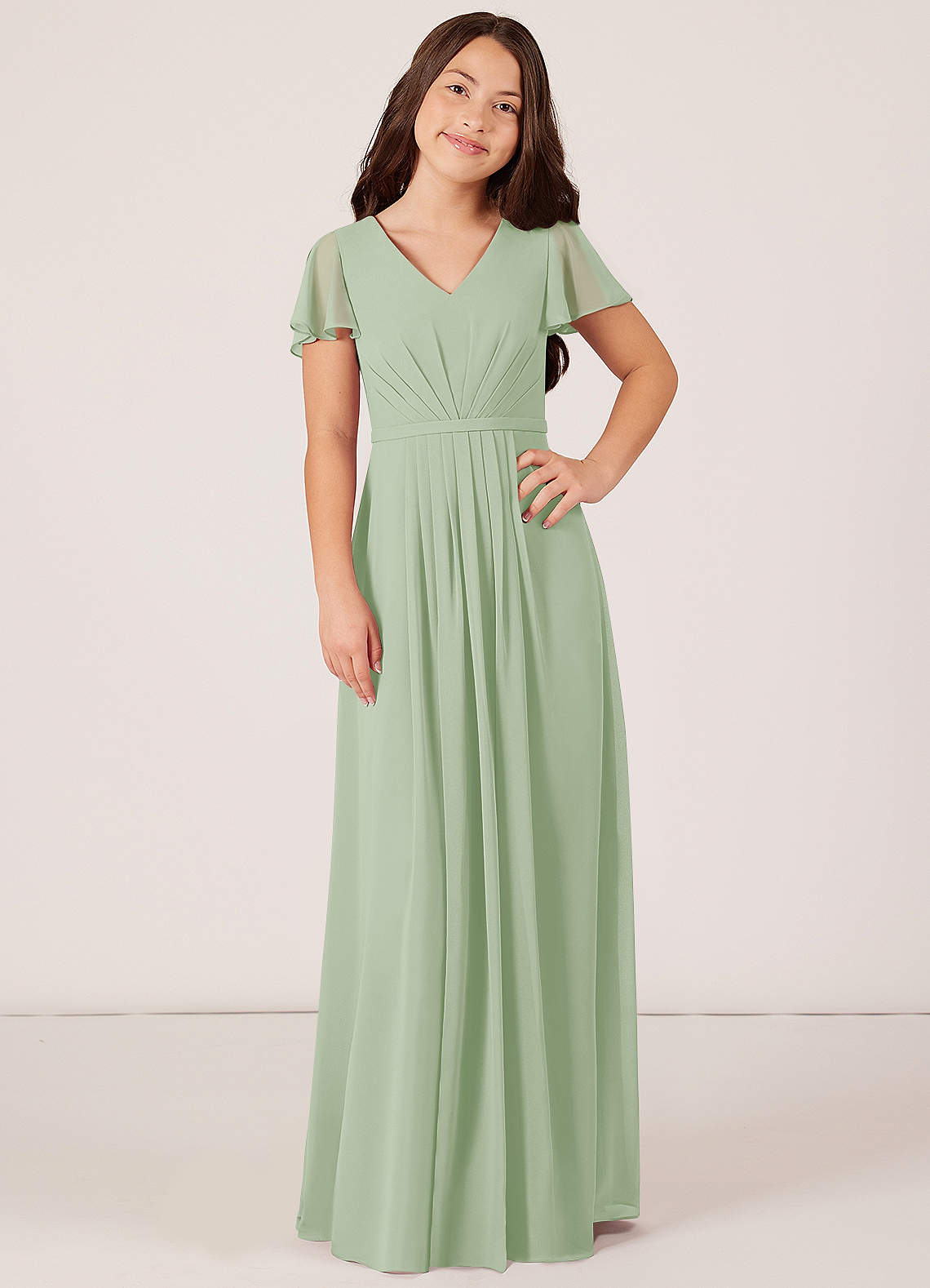 Azazie Peony Junior Dusty Sage A-Line Pleated Chiffon Dress image1
