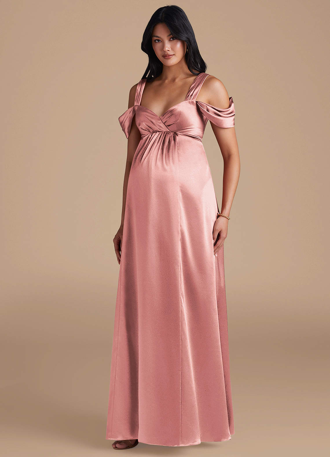 Azazie Rhea Maternity Bridesmaid Dresses A-Line Pleated Metallic Satin Floor-Length Dress image1