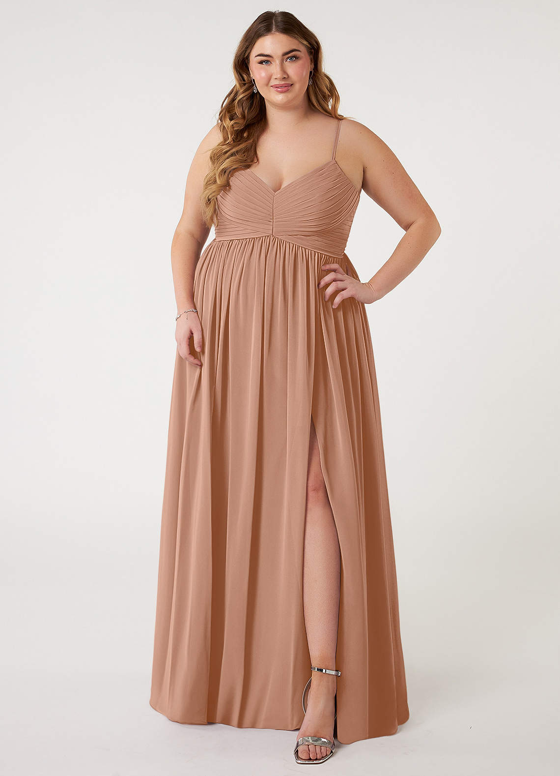 Azazie Alia Bridesmaid Dresses Champagne Rose A-Line Pleated Chiffon Dress image1