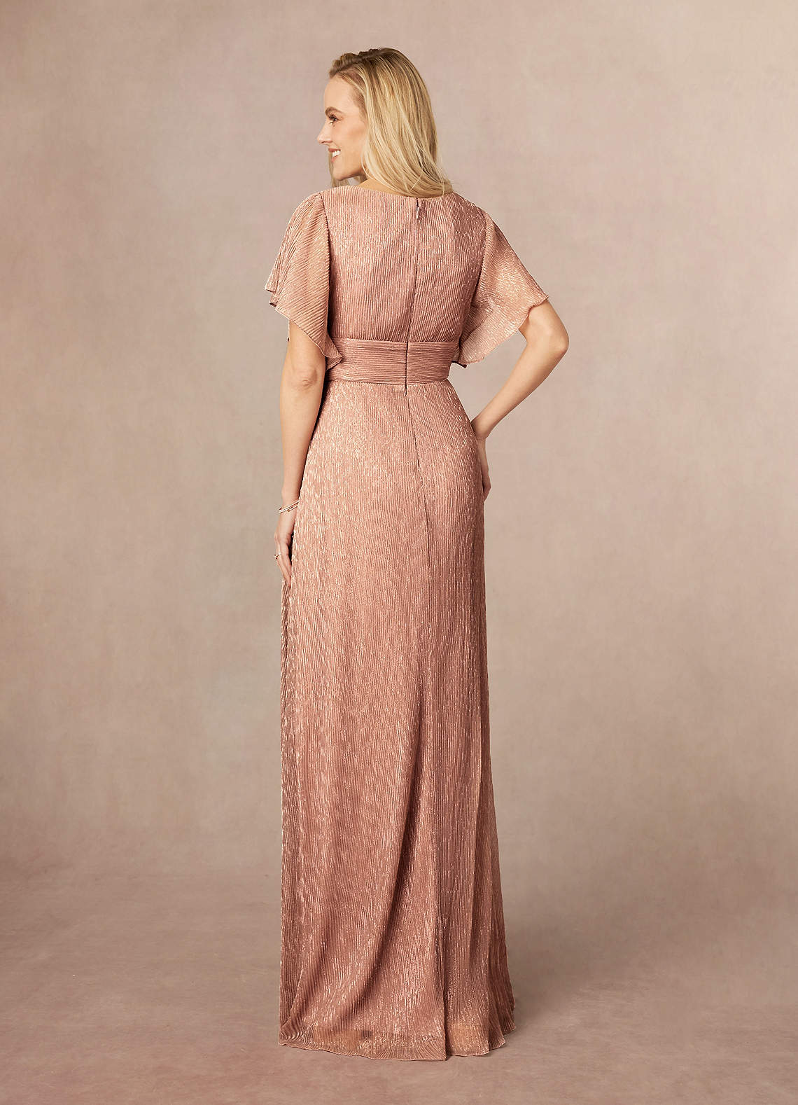 Azazie Kathryn Mother of the Bride Dresses Rose Gold A-Line V-Neck Flutter Sleeve Metallic Mesh Dress image2