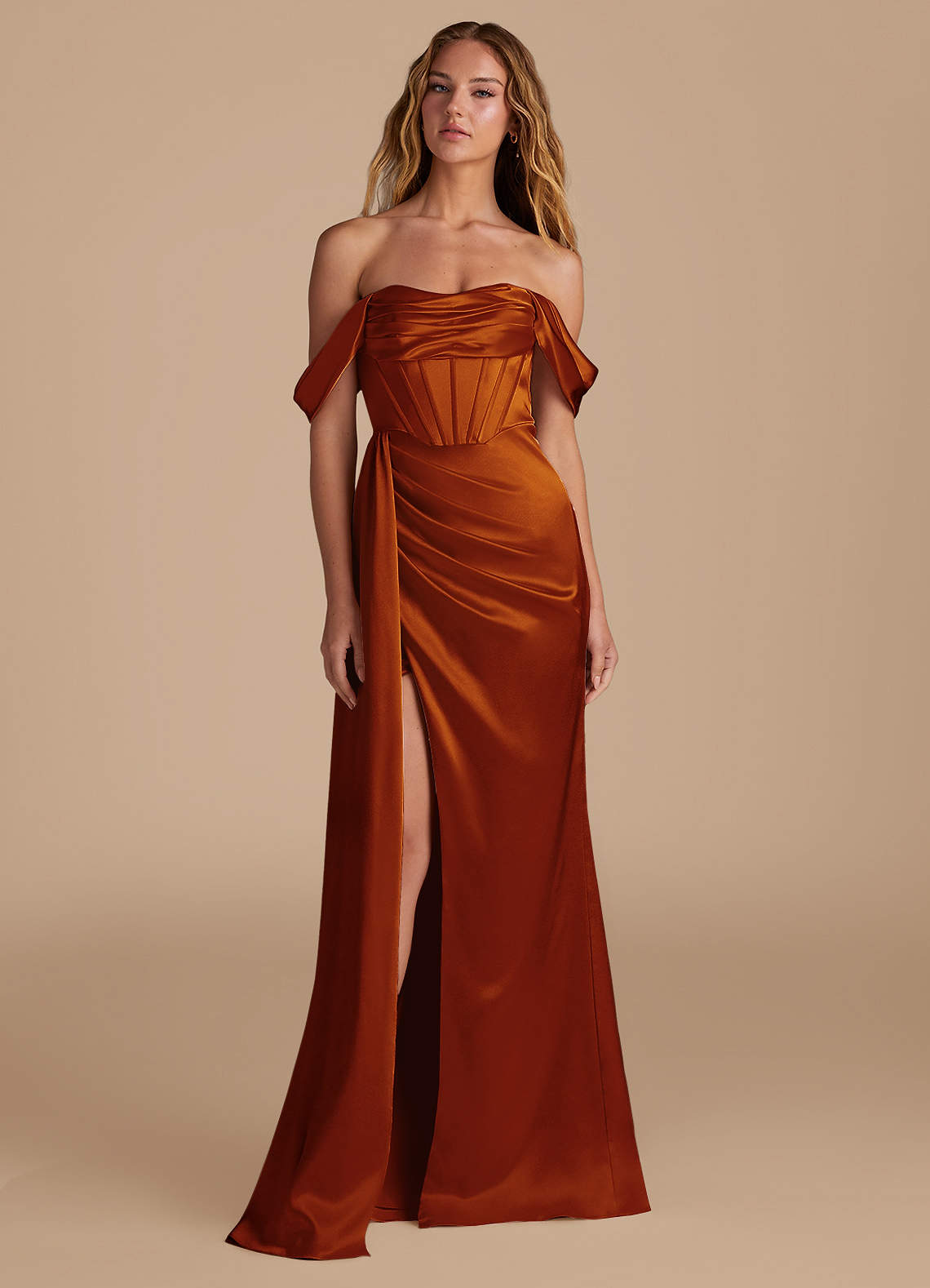 amber bridesmaid dresses Azazie Amyra Auburn Metallic Satin Formal gown