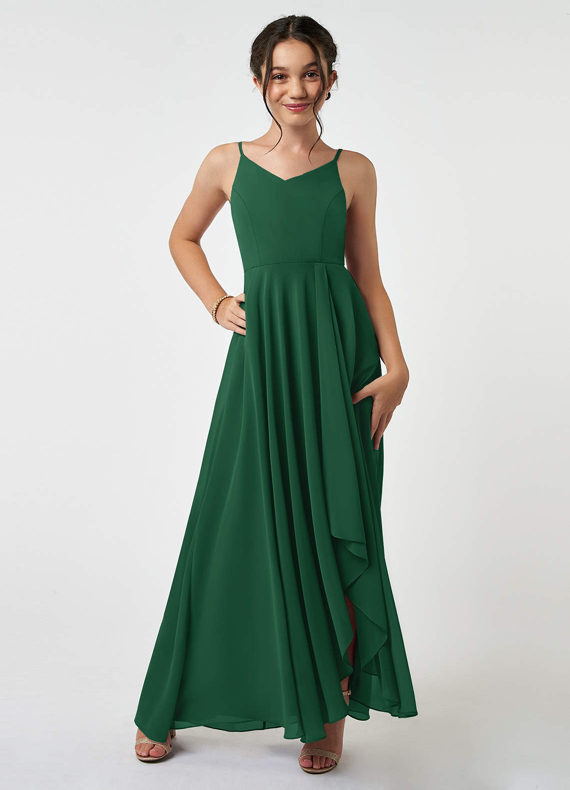 Azazie Collette Junior Dark Green A-Line Ruched Chiffon Dress image1
