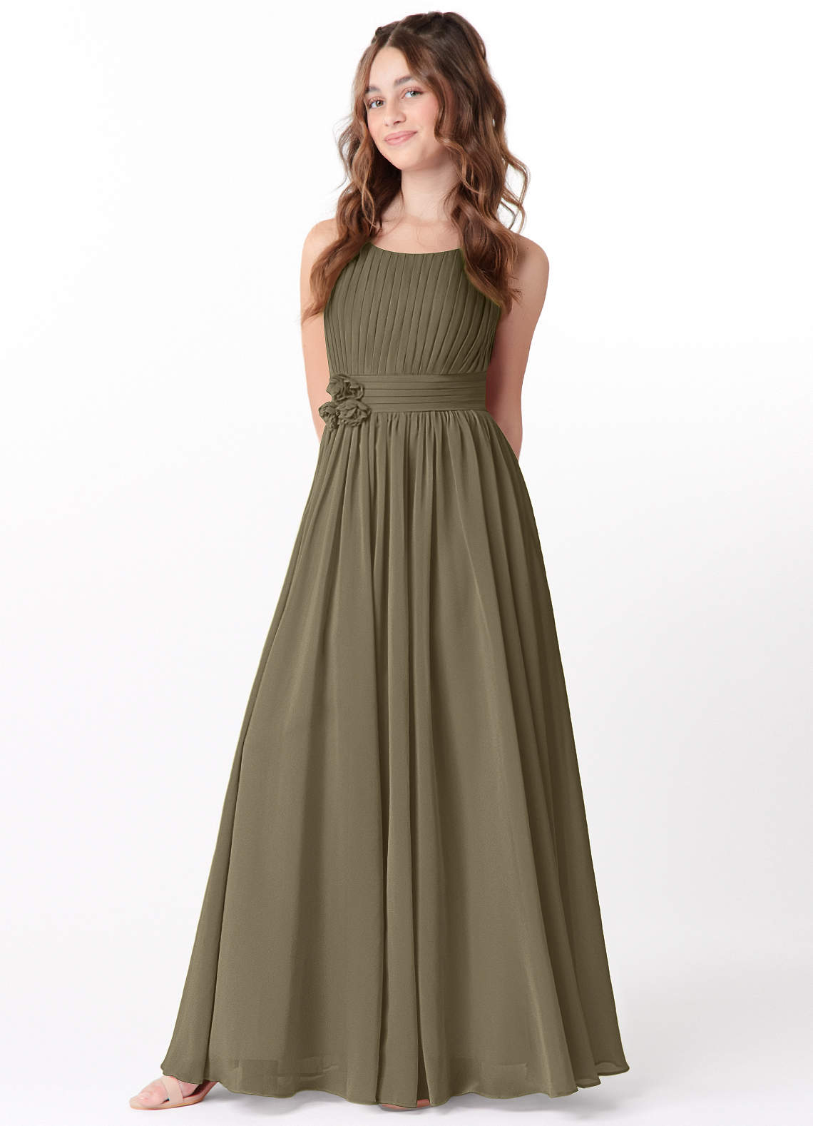 Azazie Astrid Junior Willow Green A-Line Floral Chiffon Dress image1