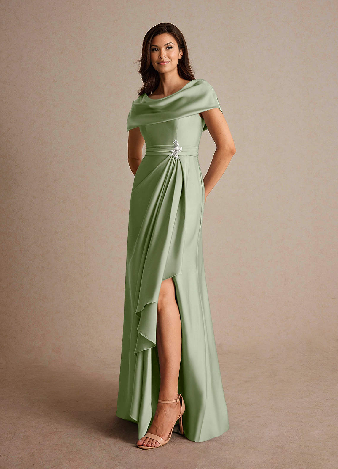 Azazie Branford Mother of the Bride Dresses Dusty Sage A-Line Pleated Stretch Satin Dress image7