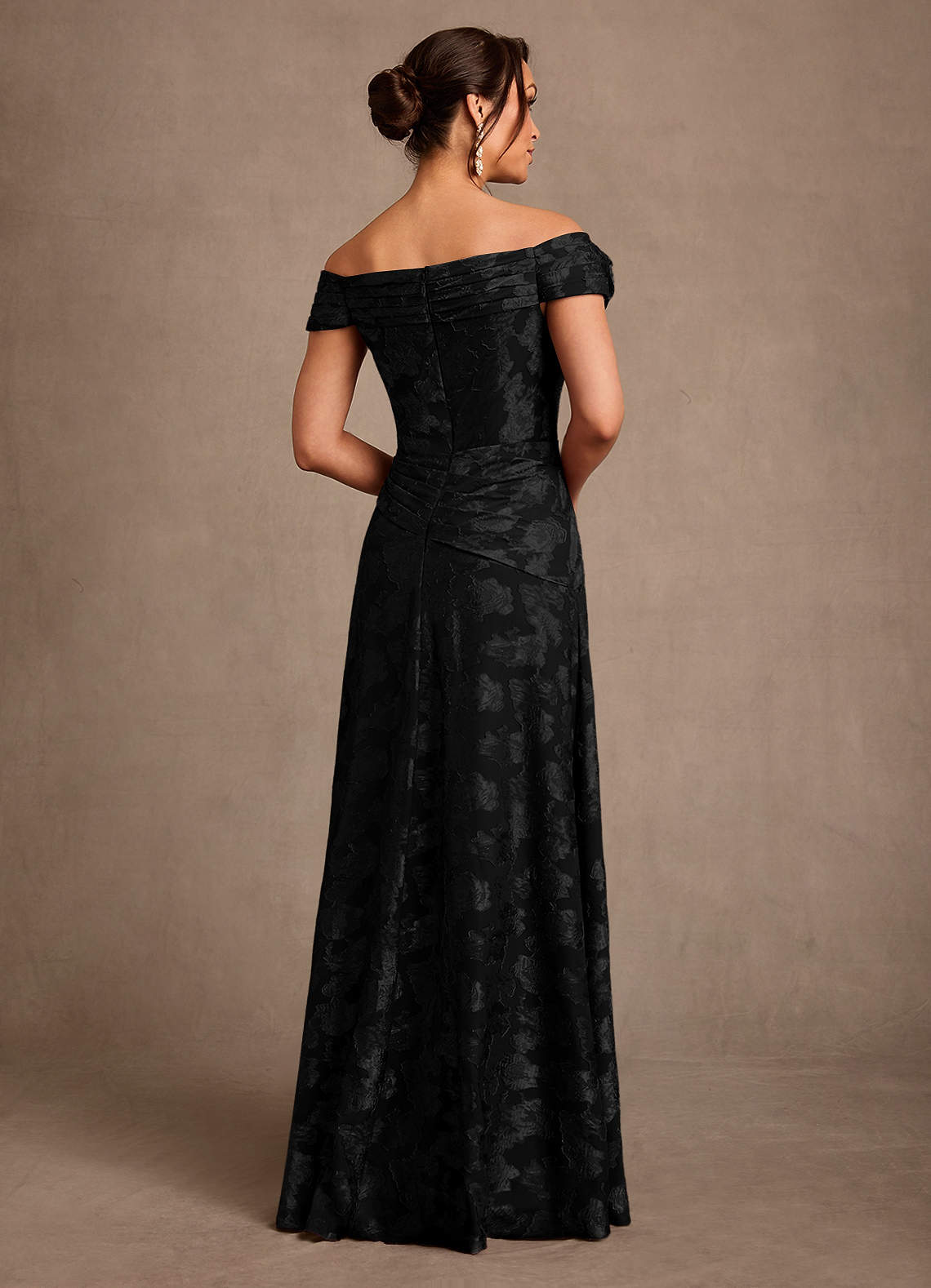 Azazie Bernadette Black A-Line Off the Shoulder Floral Burnout