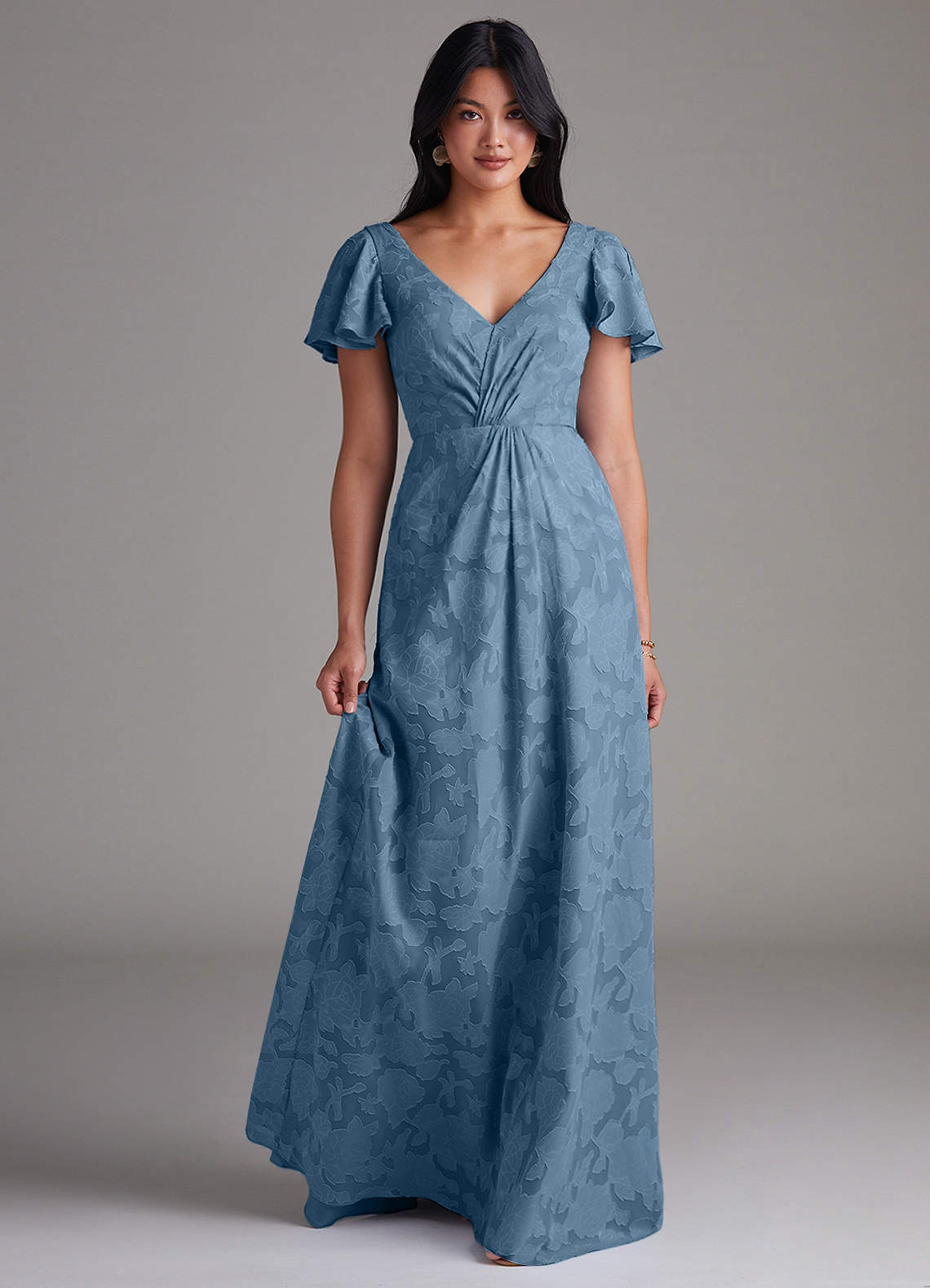 Azazie Soren Bridesmaid Dresses Steel Blue A-Line Pleated Floral Burnout Dress image1
