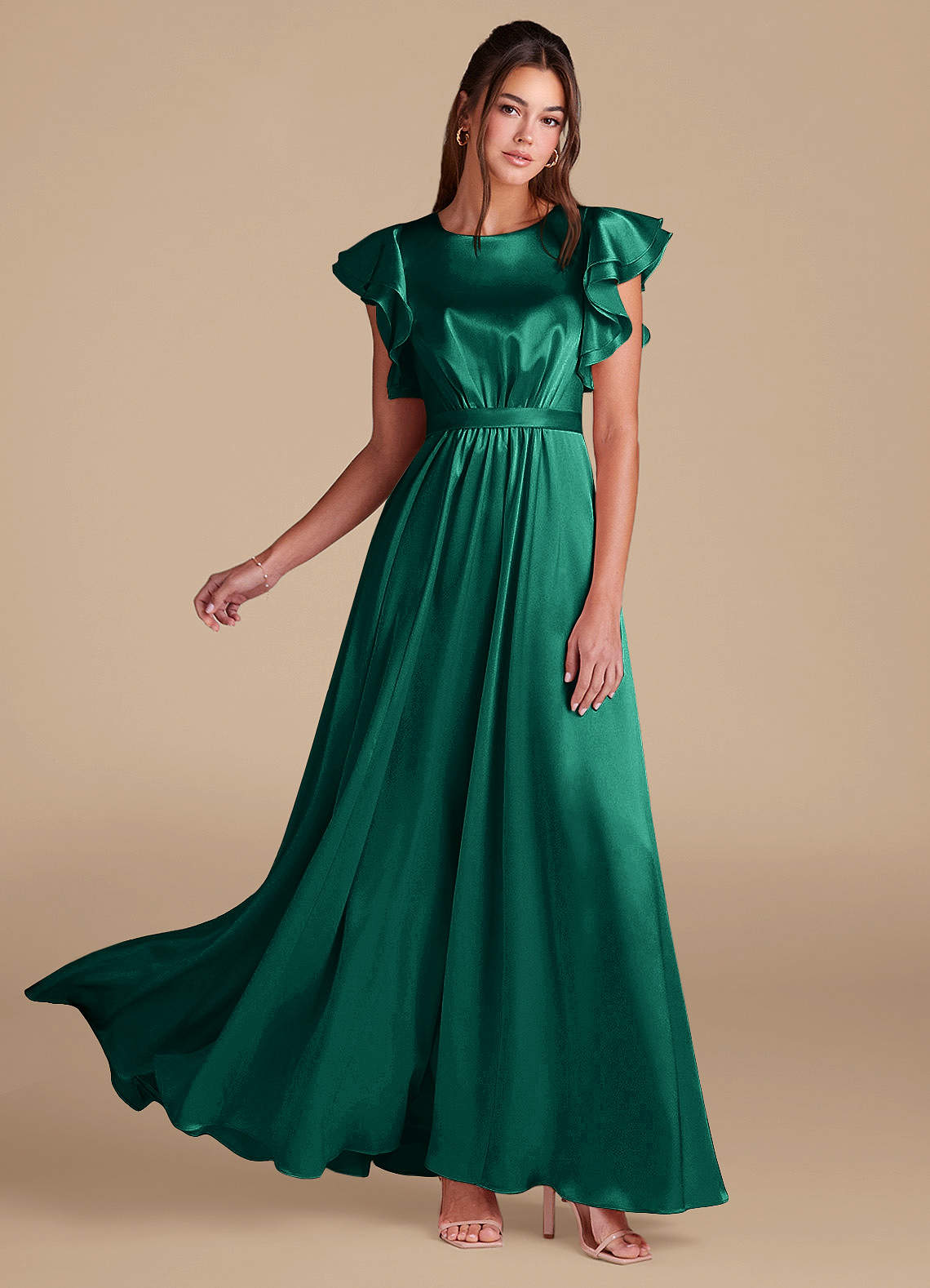 Azazie Daphne Vestidos modestos de dama de honra Vestir Linha A Ruched Comprimento do chão Cetim Metálico image1