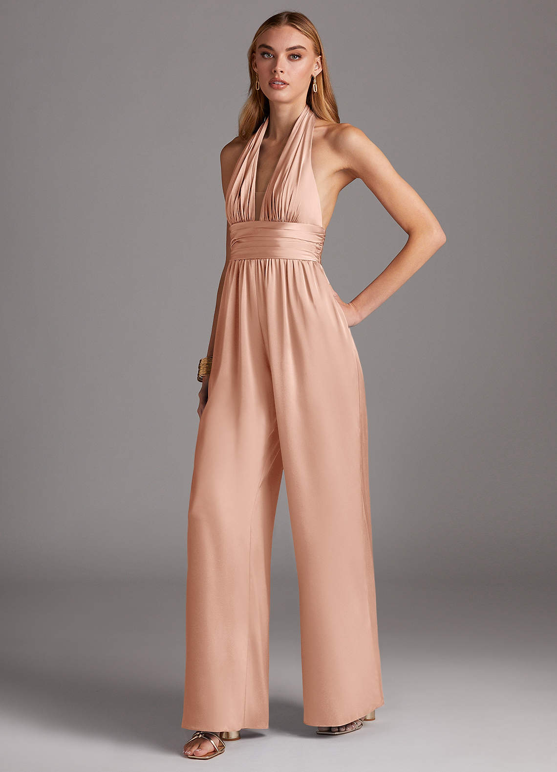 Azazie Oli Robes de demoiselle d'honneur Combinaison en Satin extensible Plissée Or Rose image1
