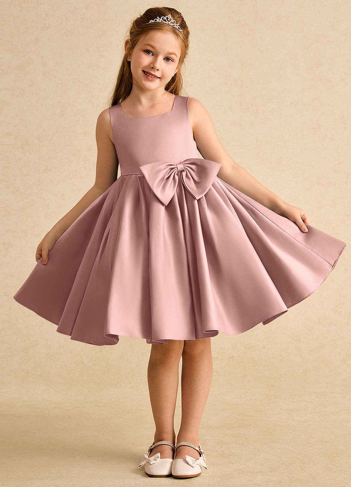 Azazie A-Line/Princess Square Neck Knee-Length Matte Satin Flower Girl Dresses - rose gold