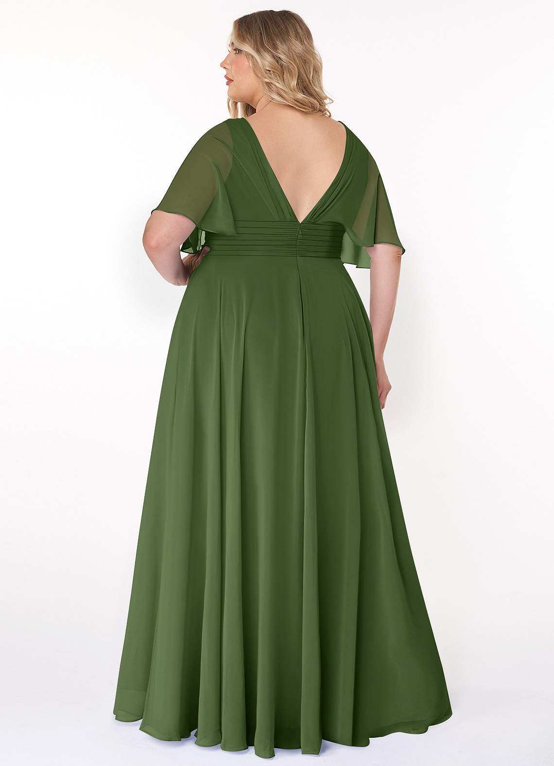 Azazie Pamela Bridesmaid Dresses Olive A-Line V-Neck Pleated Chiffon Dress image6