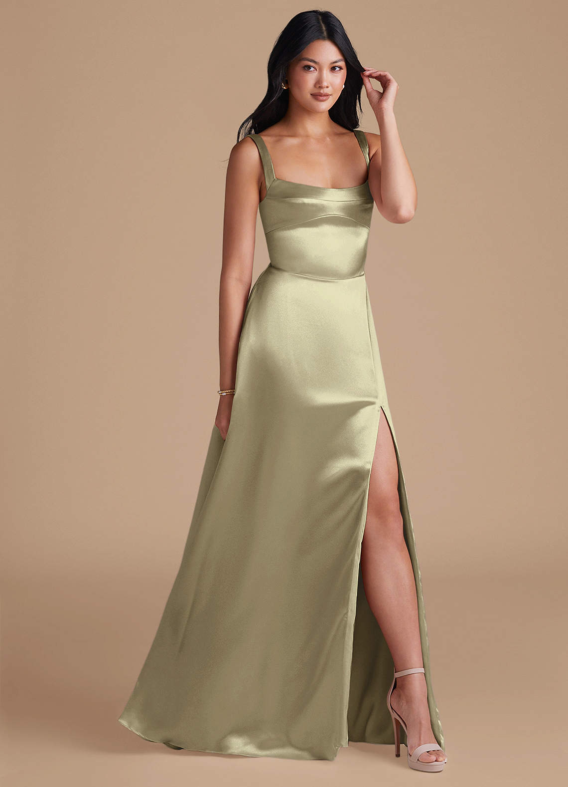 Azazie Hope Bridesmaid Dresses Moss Green A-Line with Pockets Metallic Satin Dress image1