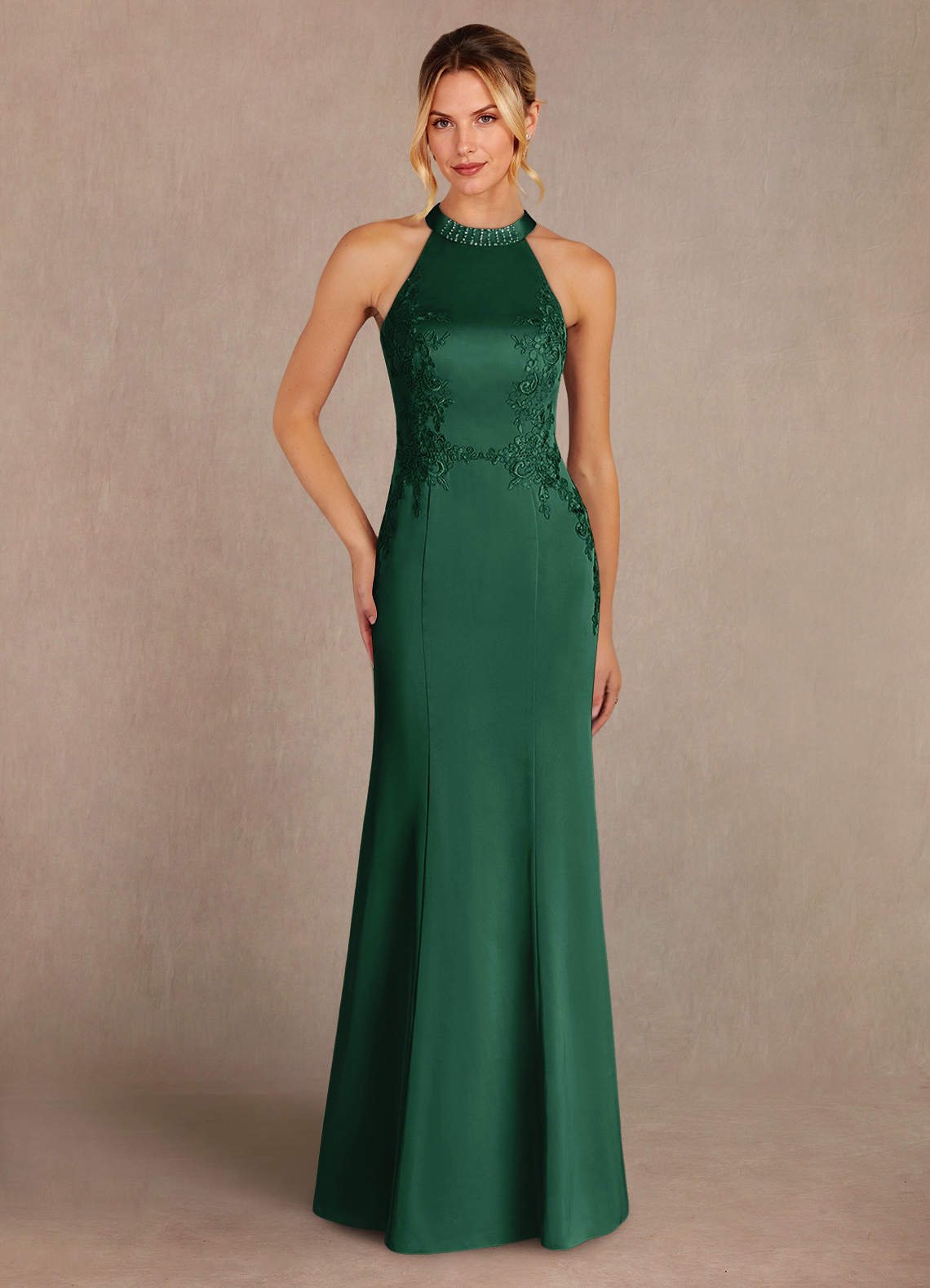 Azazie Tyra Mother of the Bride Dresses Dark Green Mermaid Lace Stretch Satin Dress image1