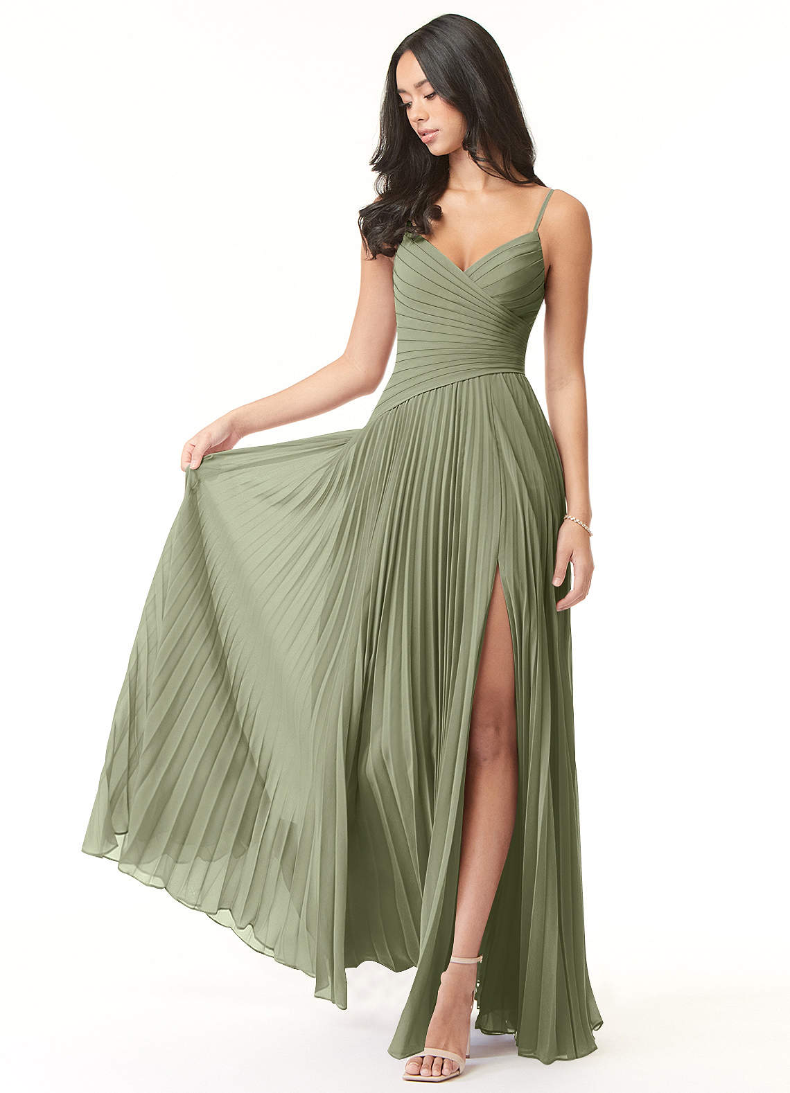 Azazie Vini Bridesmaid Dresses Pistachio A-Line V-Neck Pleated Chiffon Dress image1
