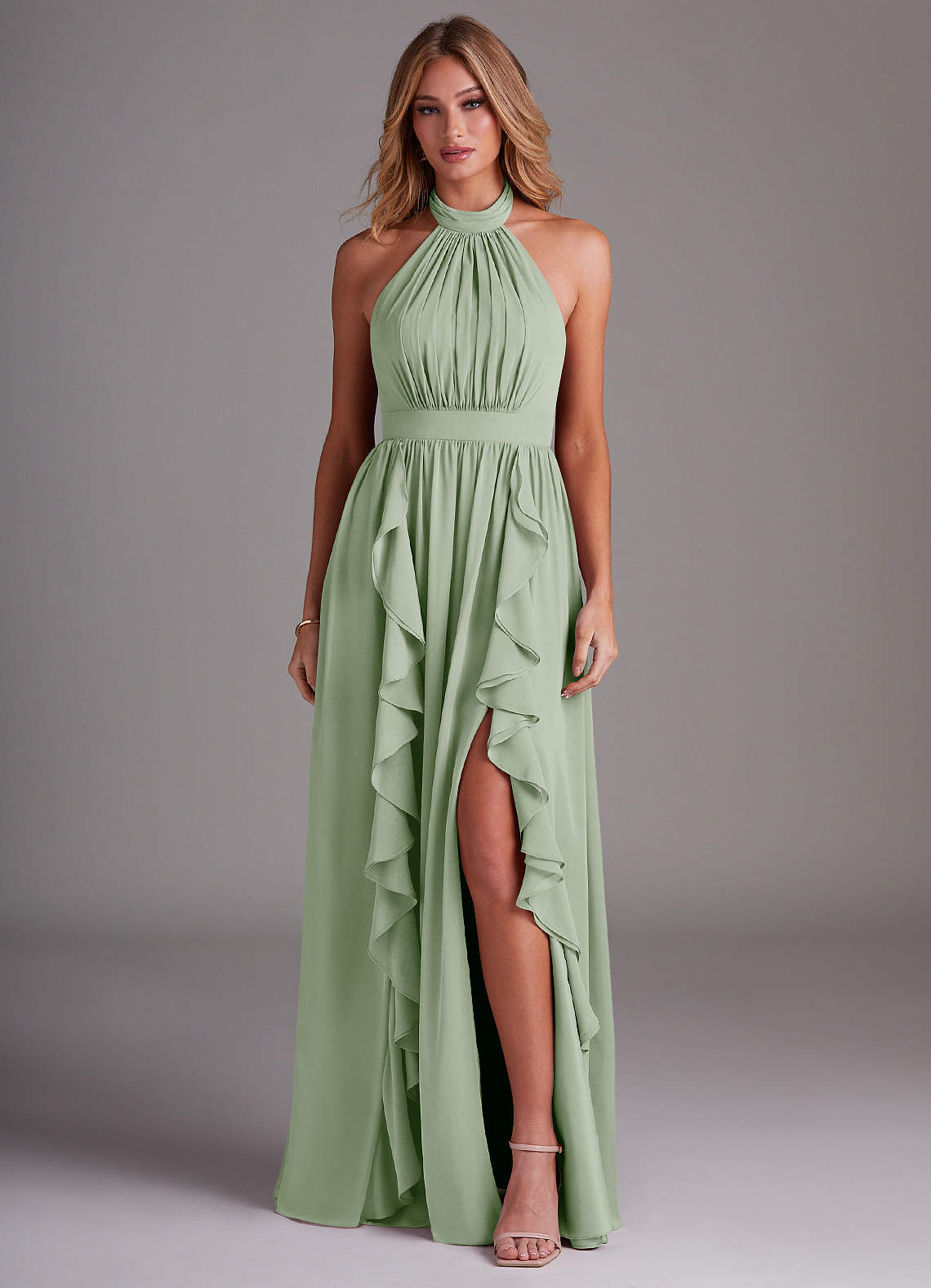Azazie Avary Abiti da Damigella Abito A-Line in Chiffon Plissettato Verde Salvia image1