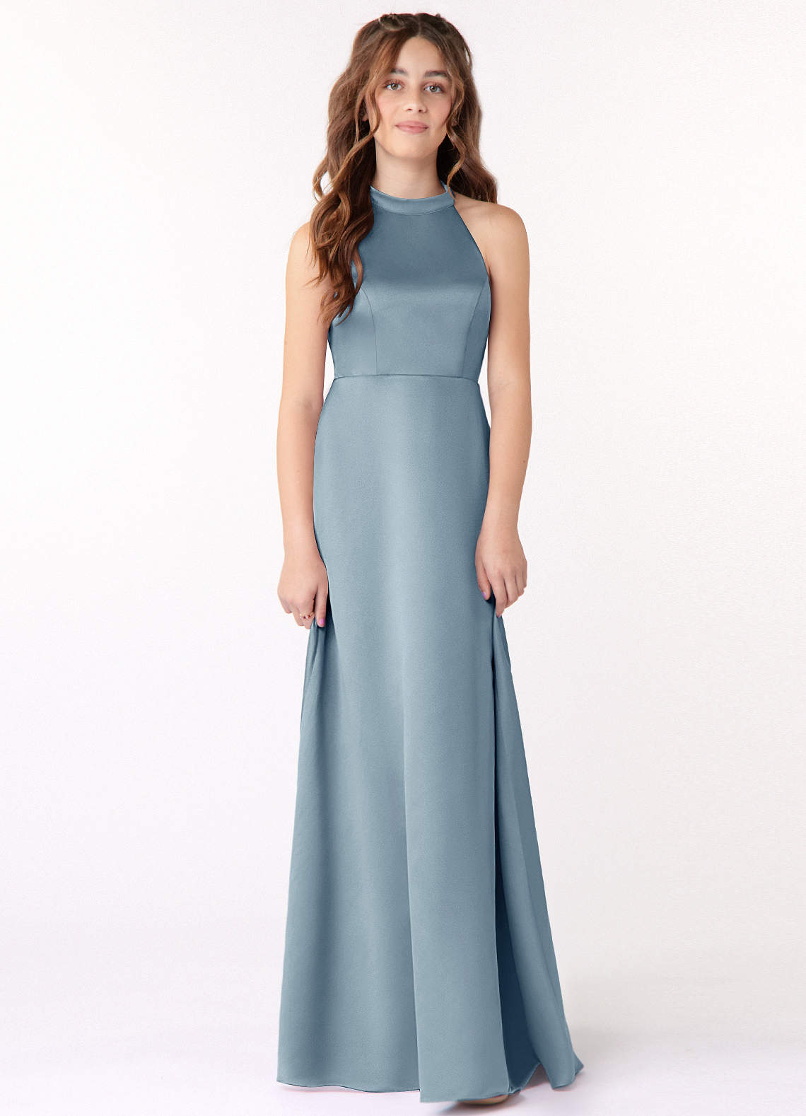 Azazie Laurel Junior Dusty Blue A-Line Stretch Satin Dress image1