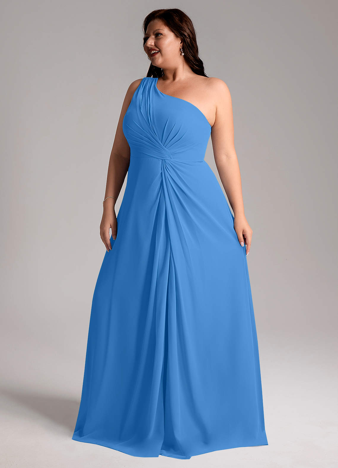 Azazie Brooke Vestidos de damas de honor Vestido de Azul Grisaceo de Gasa de Corte en A con Hombro unilateral image12