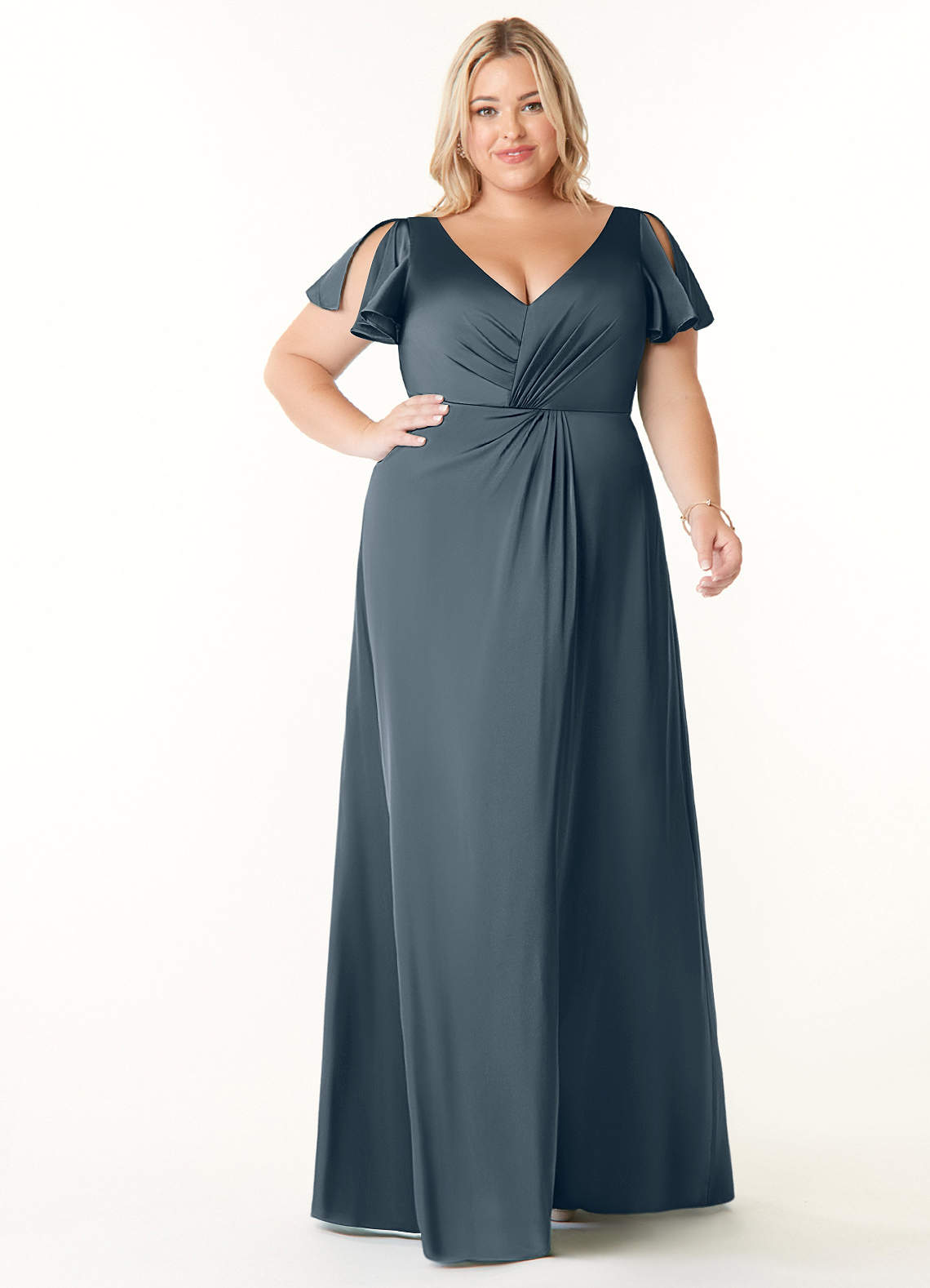 Azazie Soren Bridesmaid Dresses Twilight A-Line Pleated Stretch Satin Dress image1