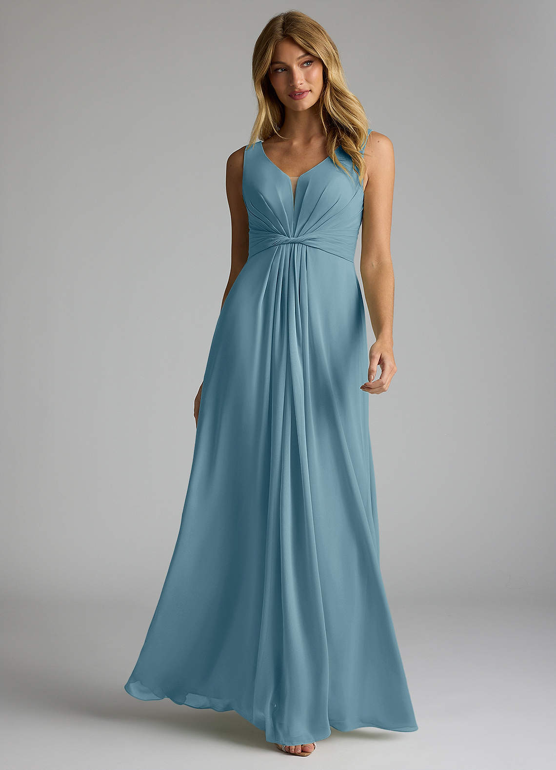 Azazie Gina Jurken voor bruidsmeisjes Jurk van Chiffon met A-Lijn V-hals geplooid Mystiek Blauw image1