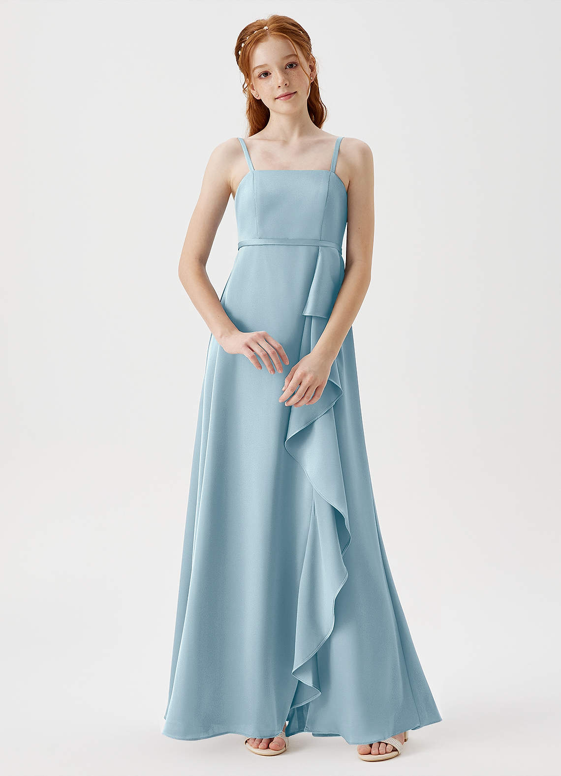 Azazie Kaylee Junior Robe Trapèze en Satin extensible avec ceinture Bleu Maussade image1