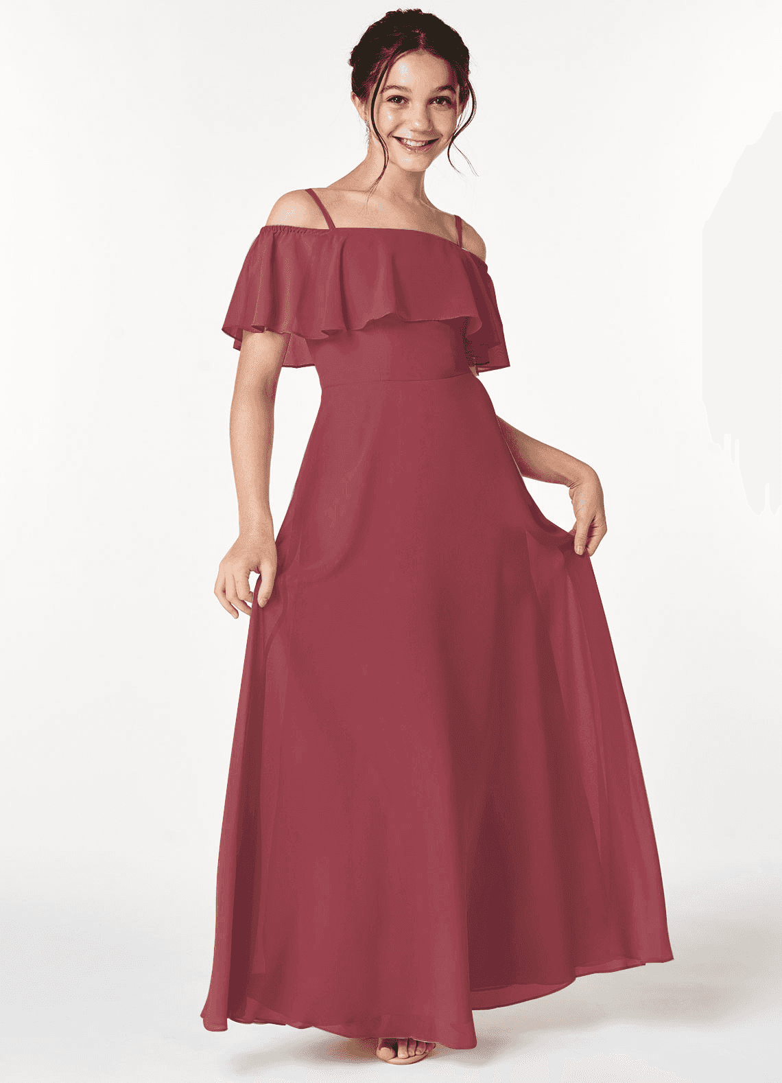 Azazie A-Line/Princess Off The Shoulder Floor-Length Chiffon Junior Bridesmaid Dresses - merlot
