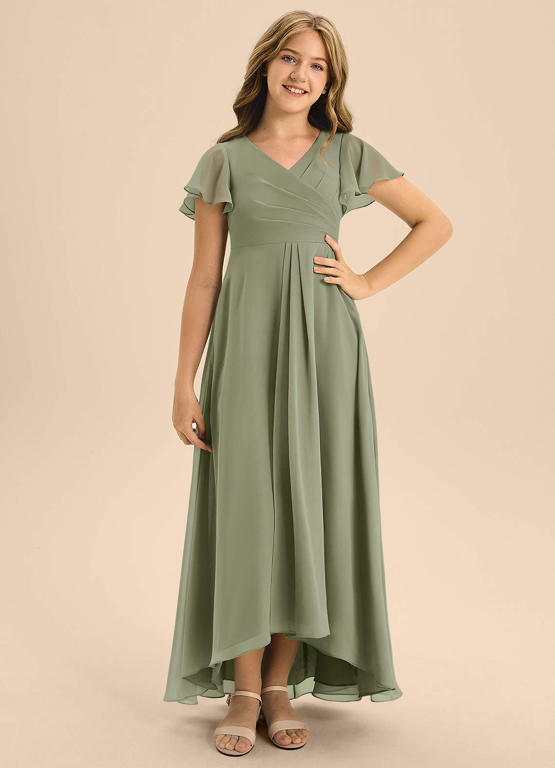 Azazie Induh Junior Pistachio A-Line Pleated Chiffon Dress image1